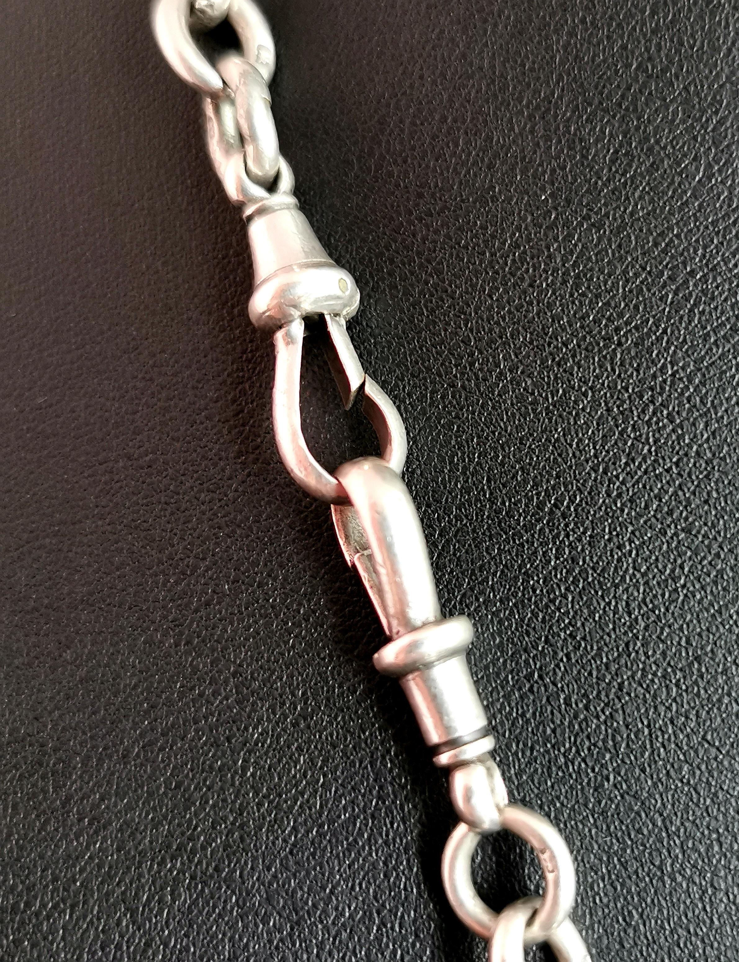 Women's or Men's Antique Silver Albert Chain, Watch Chain Necklace, Trombone Link, Victorian 