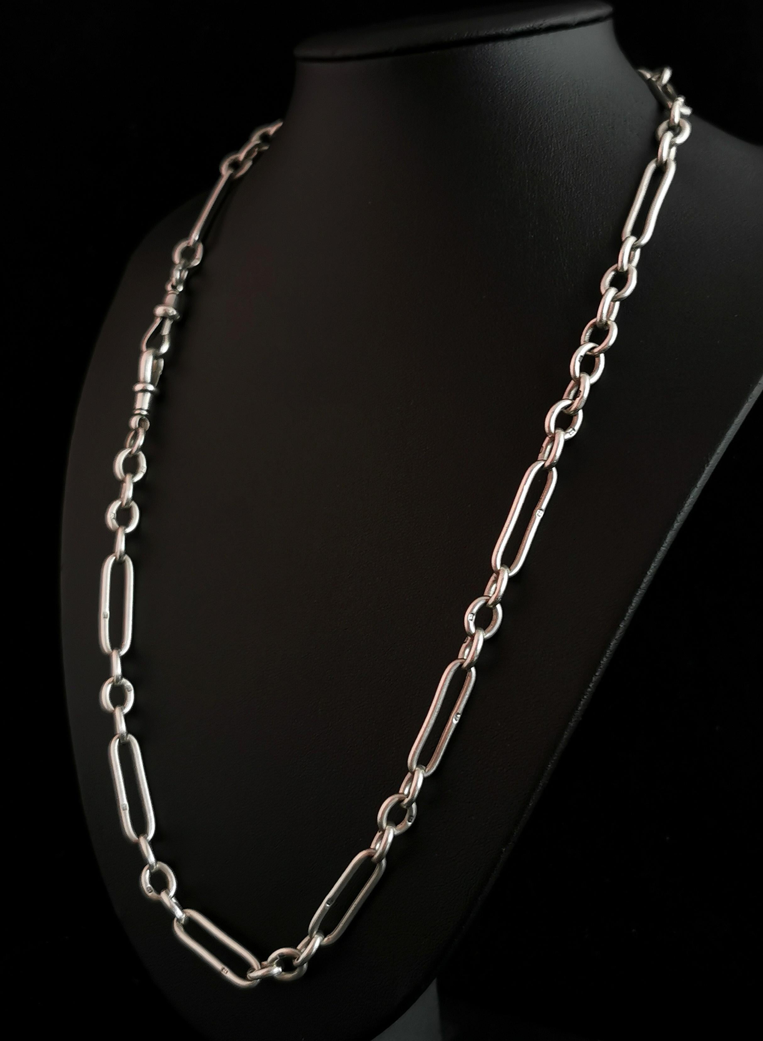 Antique Silver Albert Chain, Watch Chain Necklace, Trombone Link, Victorian  2