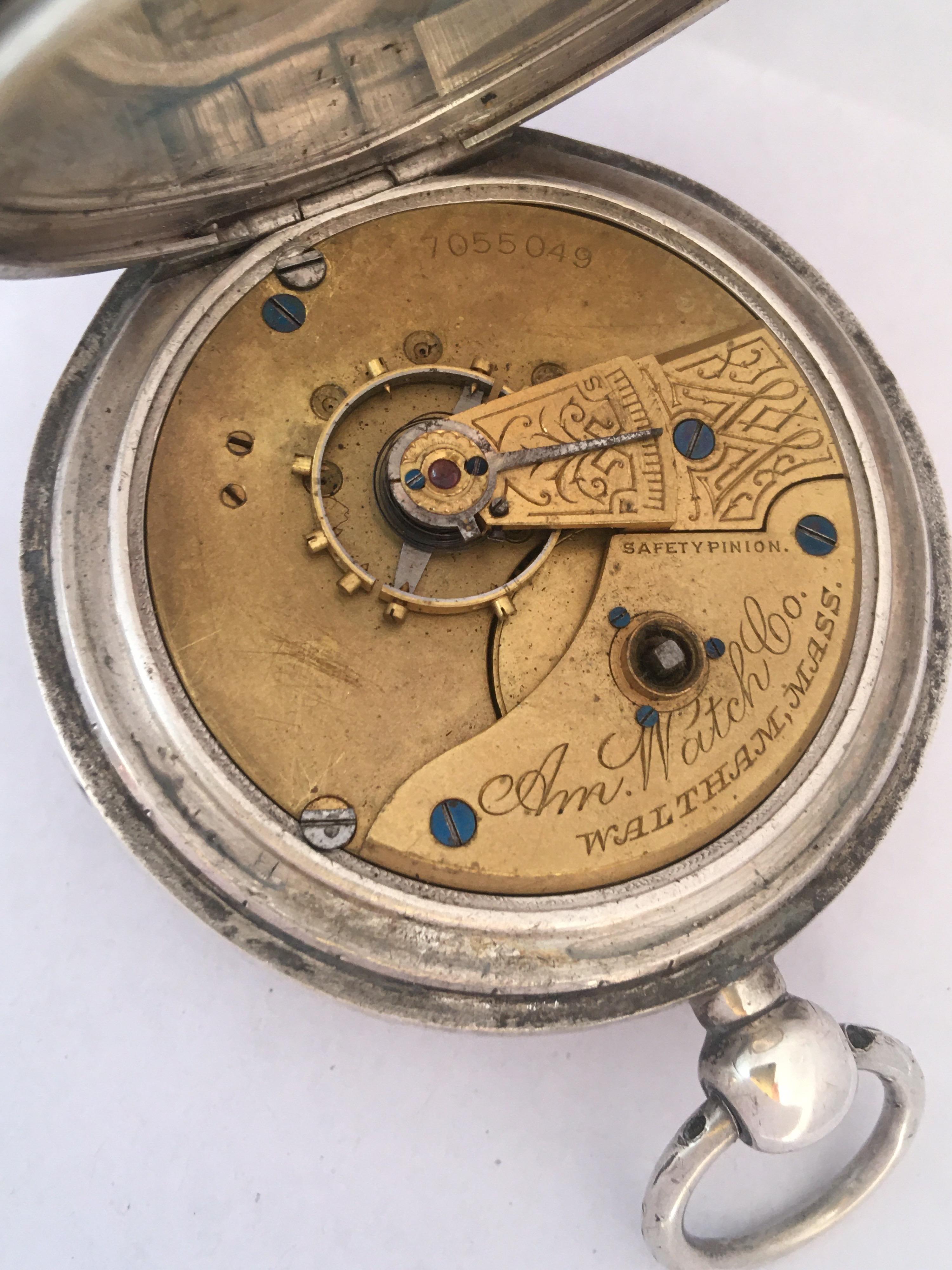 Antique Silver American Watch Co. Waltham Mass Key-Winding Pocket Watch For Sale 3