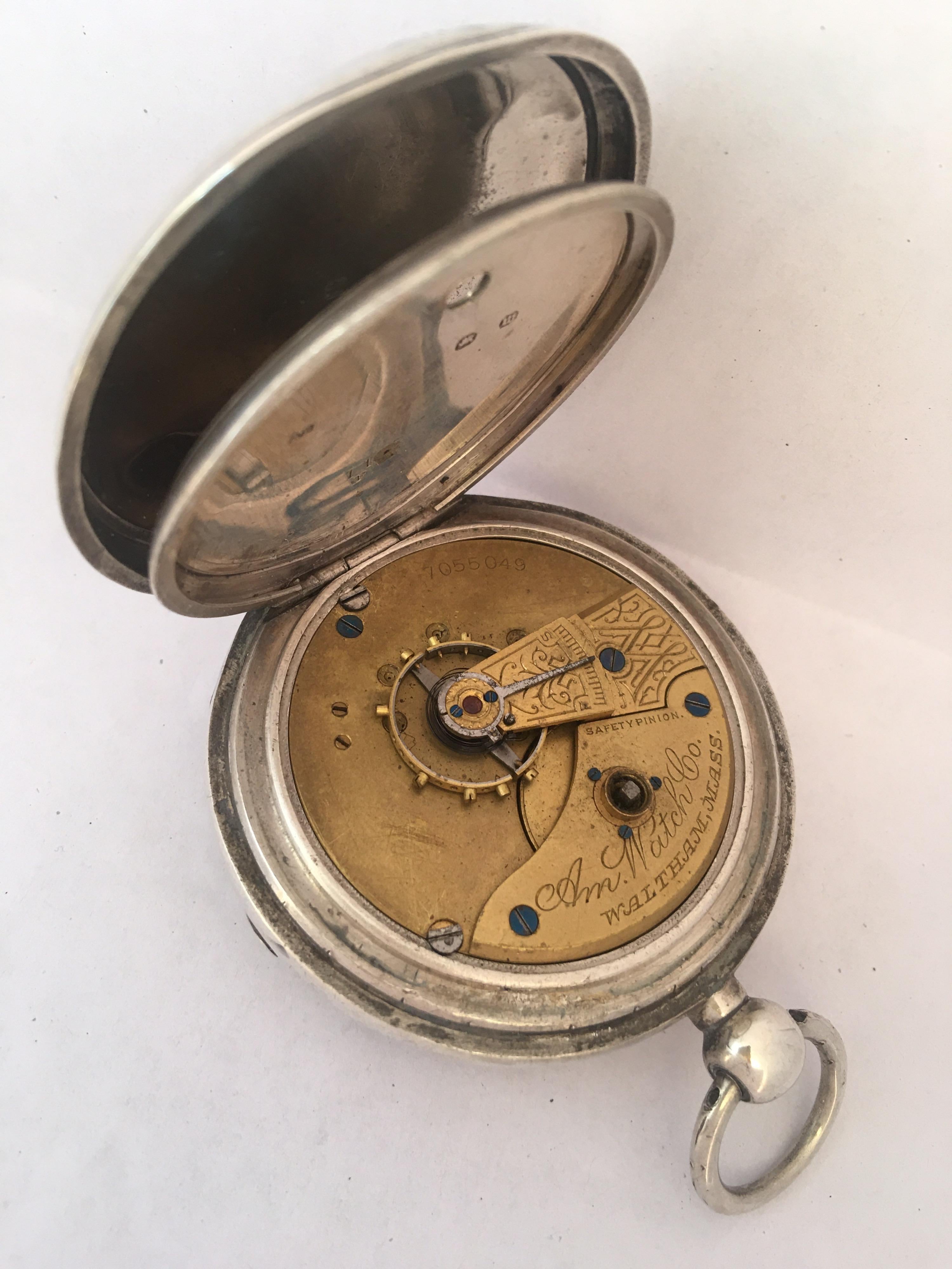 Antique Silver American Watch Co. Waltham Mass Key-Winding Pocket Watch For Sale 2