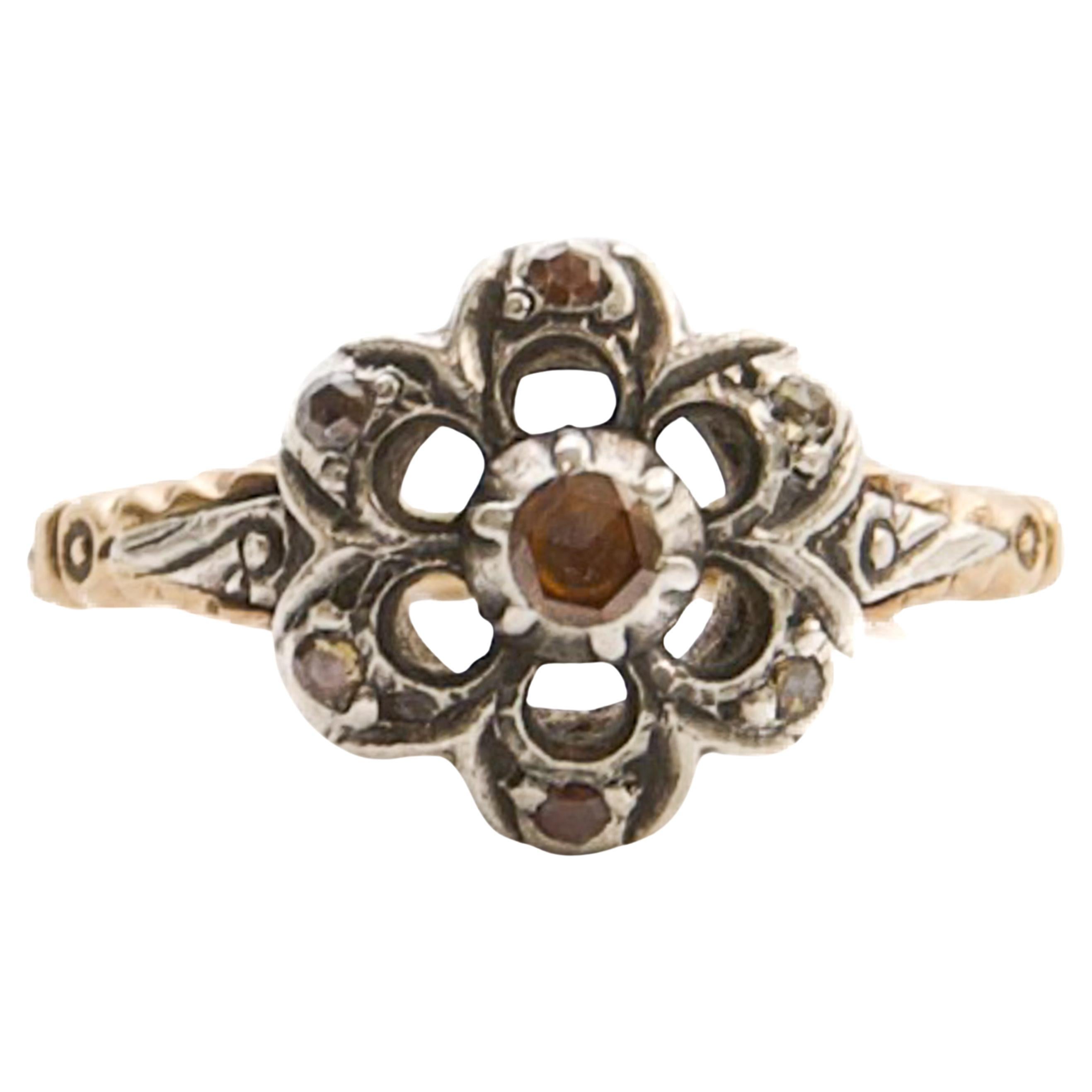 Antique Silver and 14 Karat Gold Floral Diamond Cluster Ring