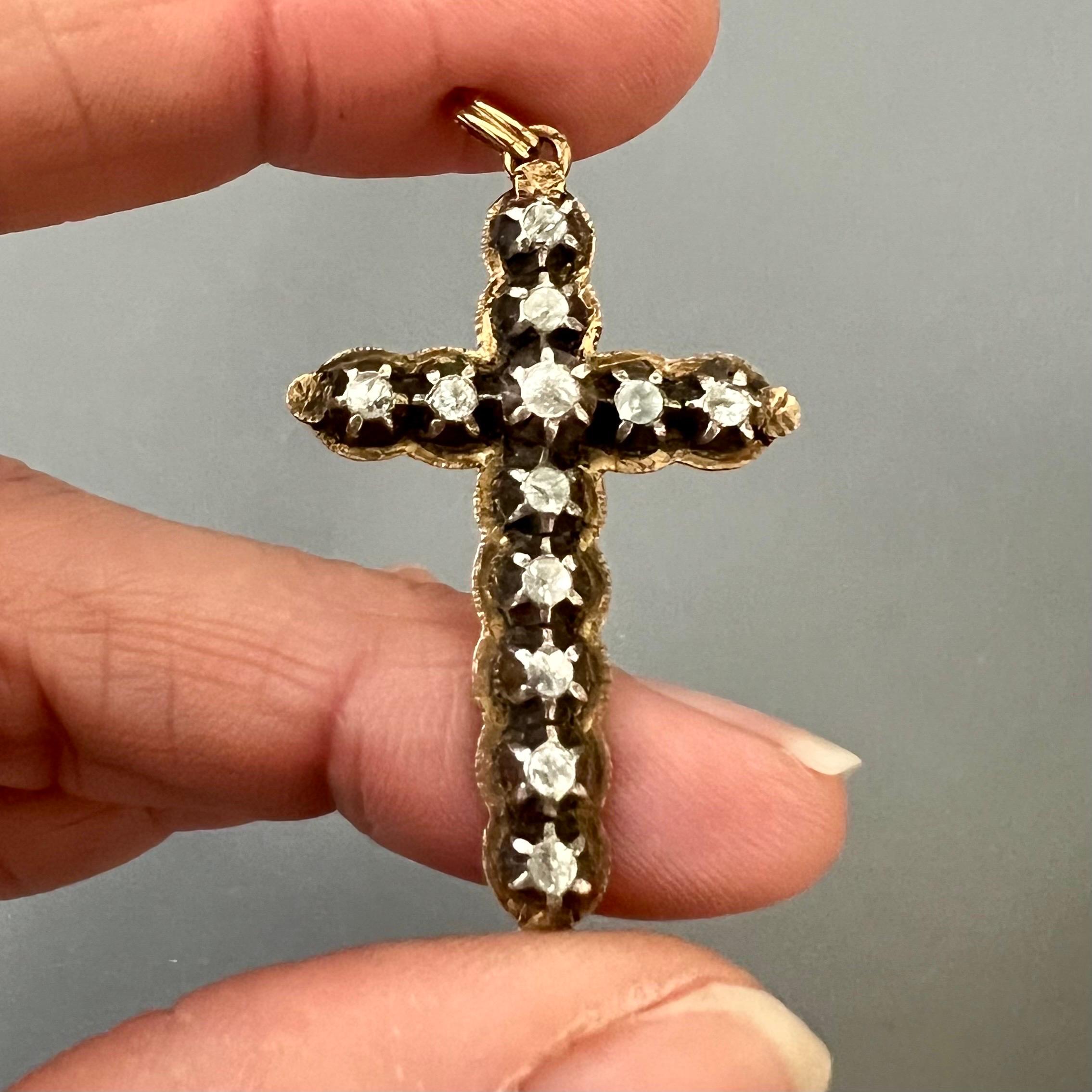 Rose Cut Antique Silver and 14K Gold Cross Pendant with Rose-Cut Diamonds, Circa 1850 For Sale