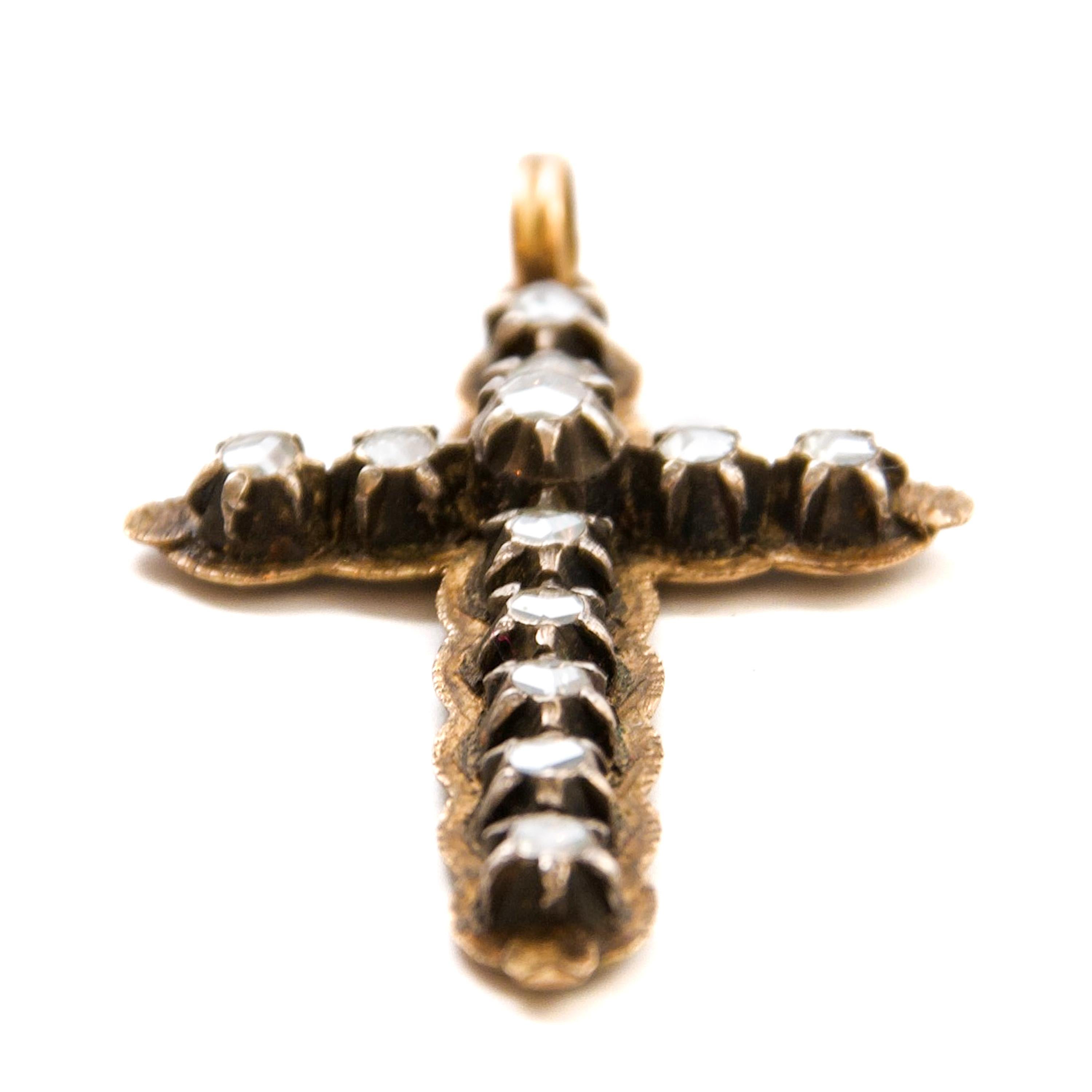 Women's or Men's Antique Silver and 14K Gold Cross Pendant with Rose-Cut Diamonds, Circa 1850 For Sale