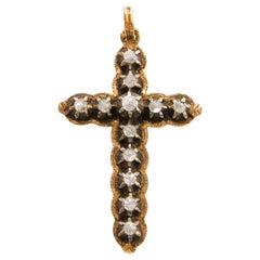 Antique Silver and 14K Gold Cross Pendant with Rose-Cut Diamonds, Circa 1850