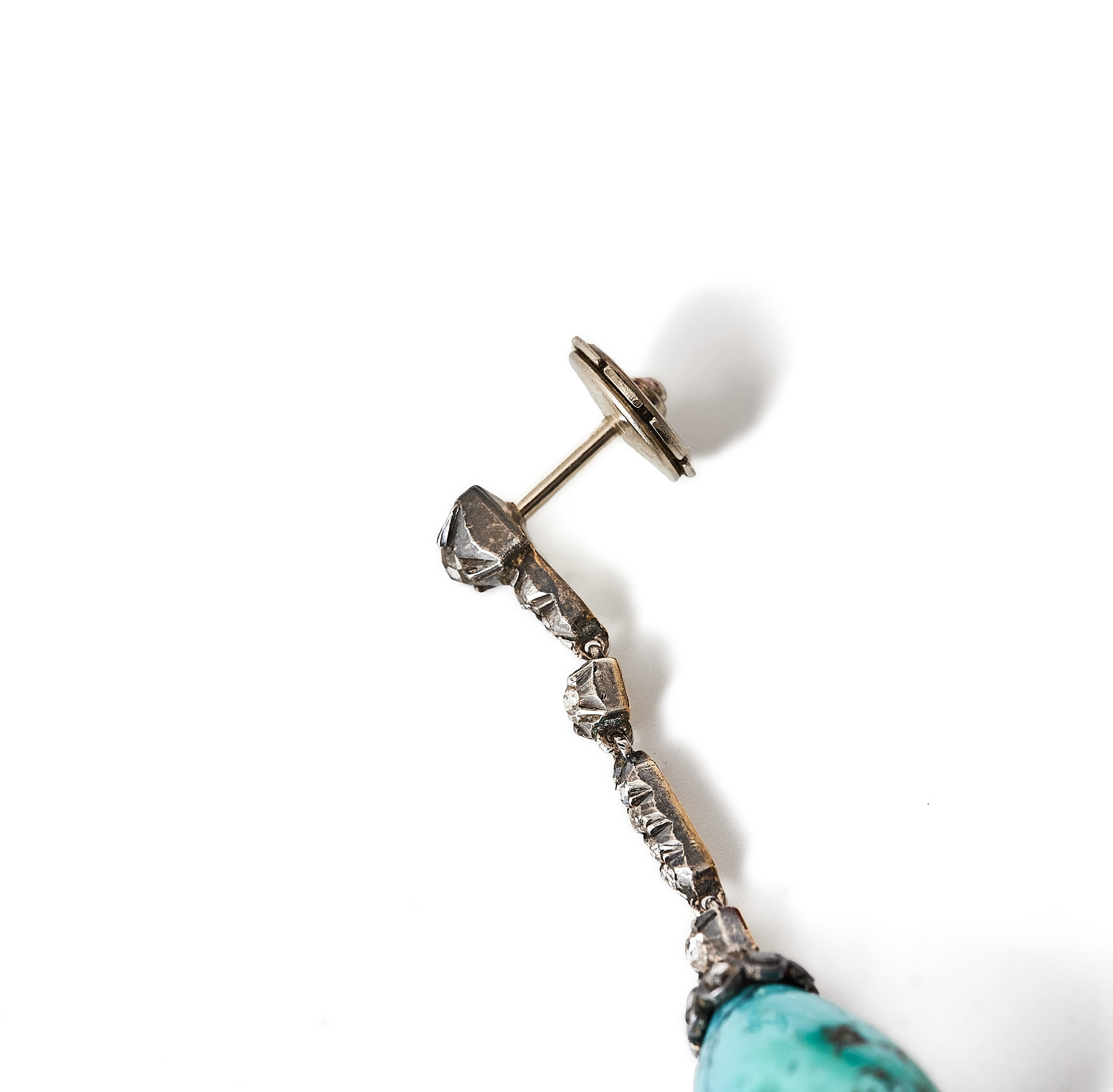 Antique turquoise drops and rose-cut diamond earrings, silver and 18K gold. For Sale 5