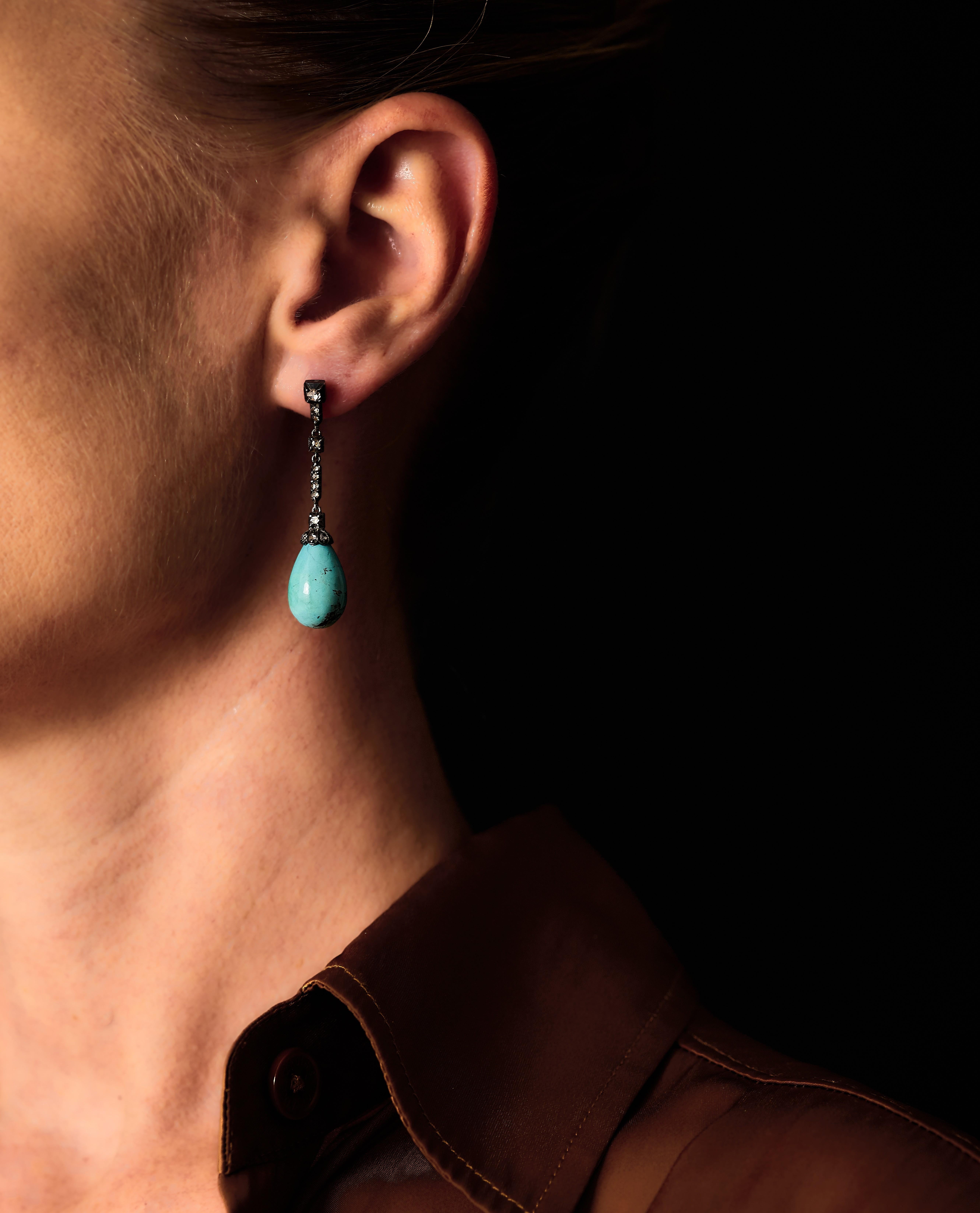 Rose Cut Antique turquoise drops and rose-cut diamond earrings, silver and 18K gold. For Sale
