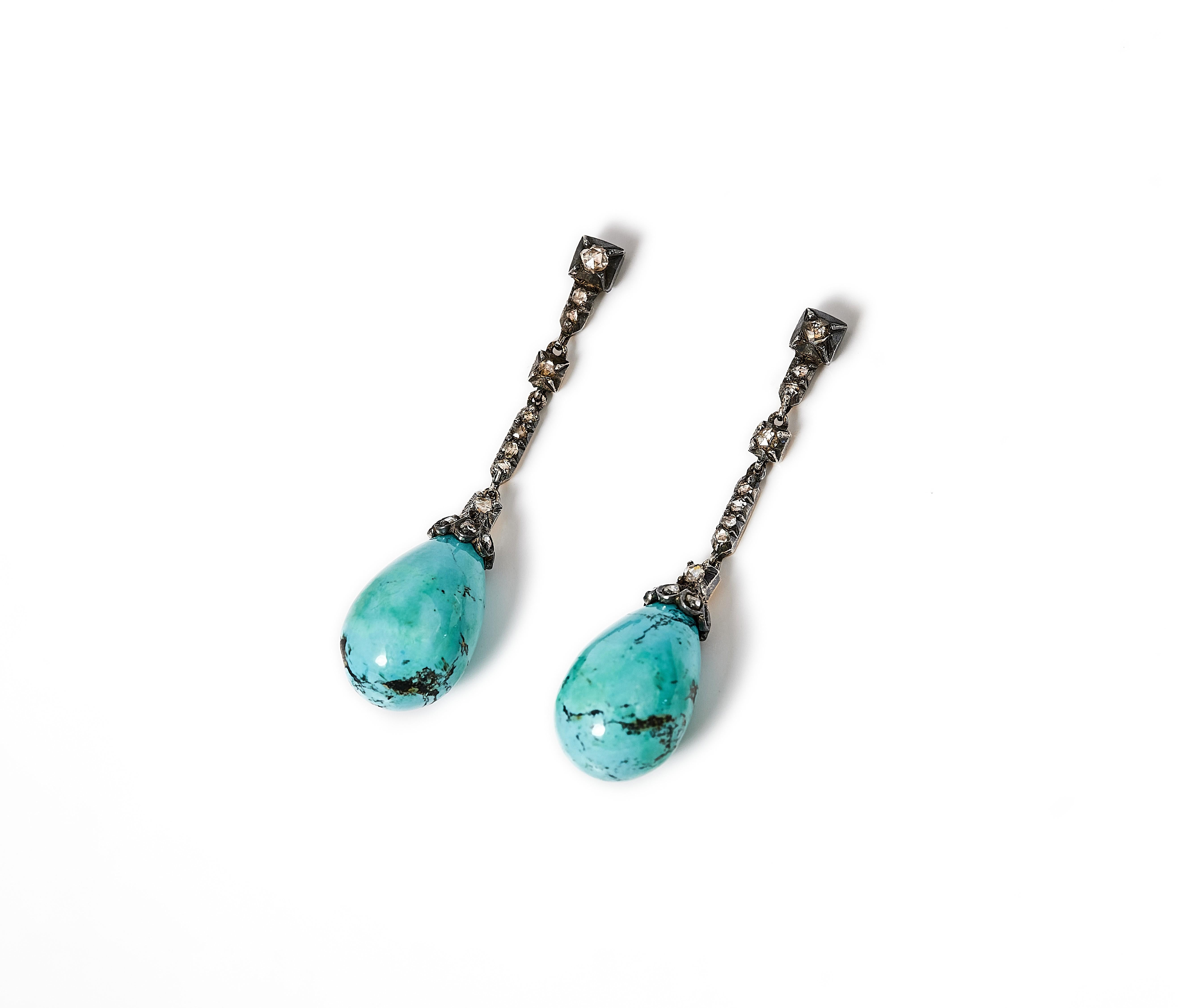 Antique turquoise drops and rose-cut diamond earrings, silver and 18K gold. In Good Condition For Sale In Malmö, Skåne län