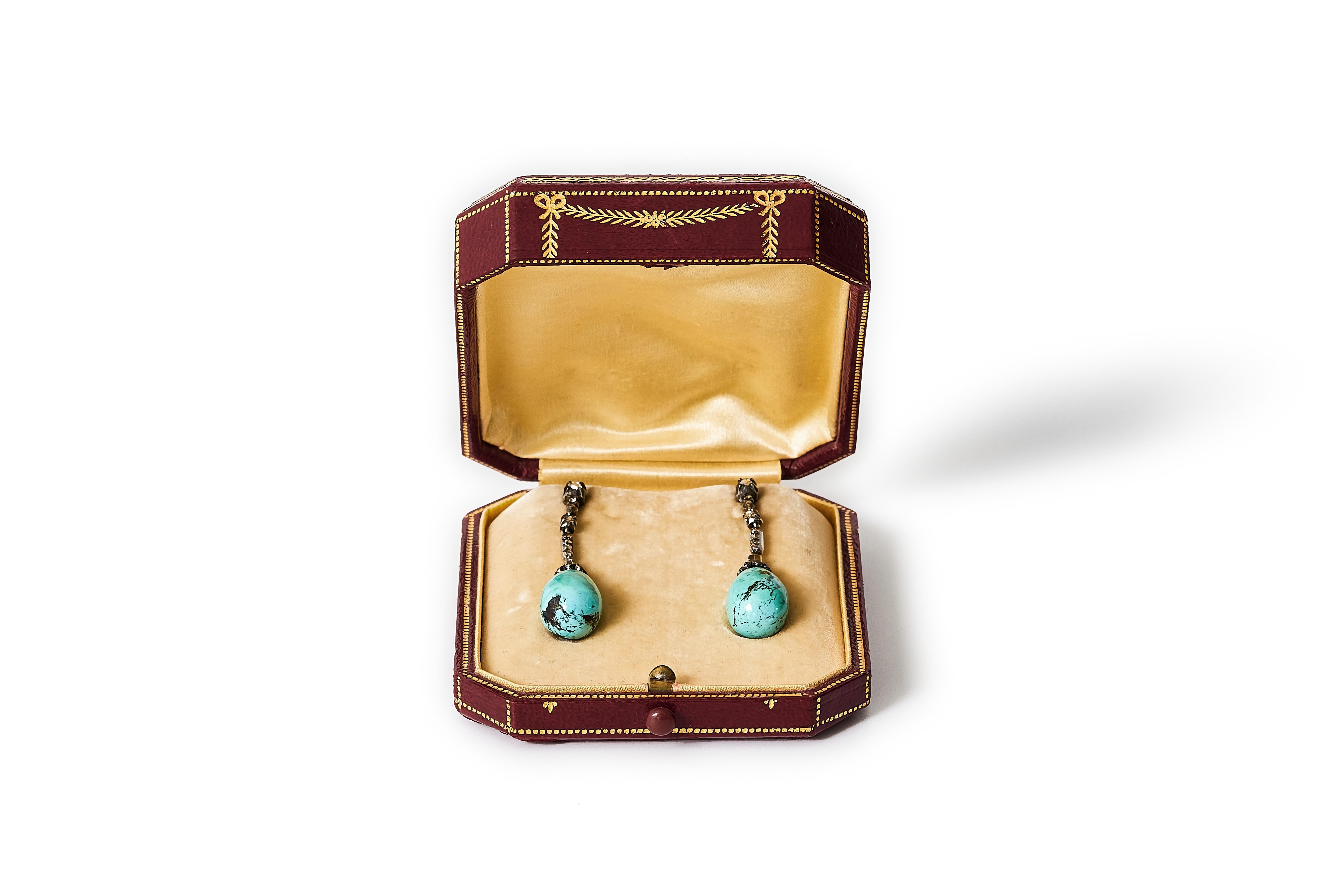Women's Antique turquoise drops and rose-cut diamond earrings, silver and 18K gold. For Sale