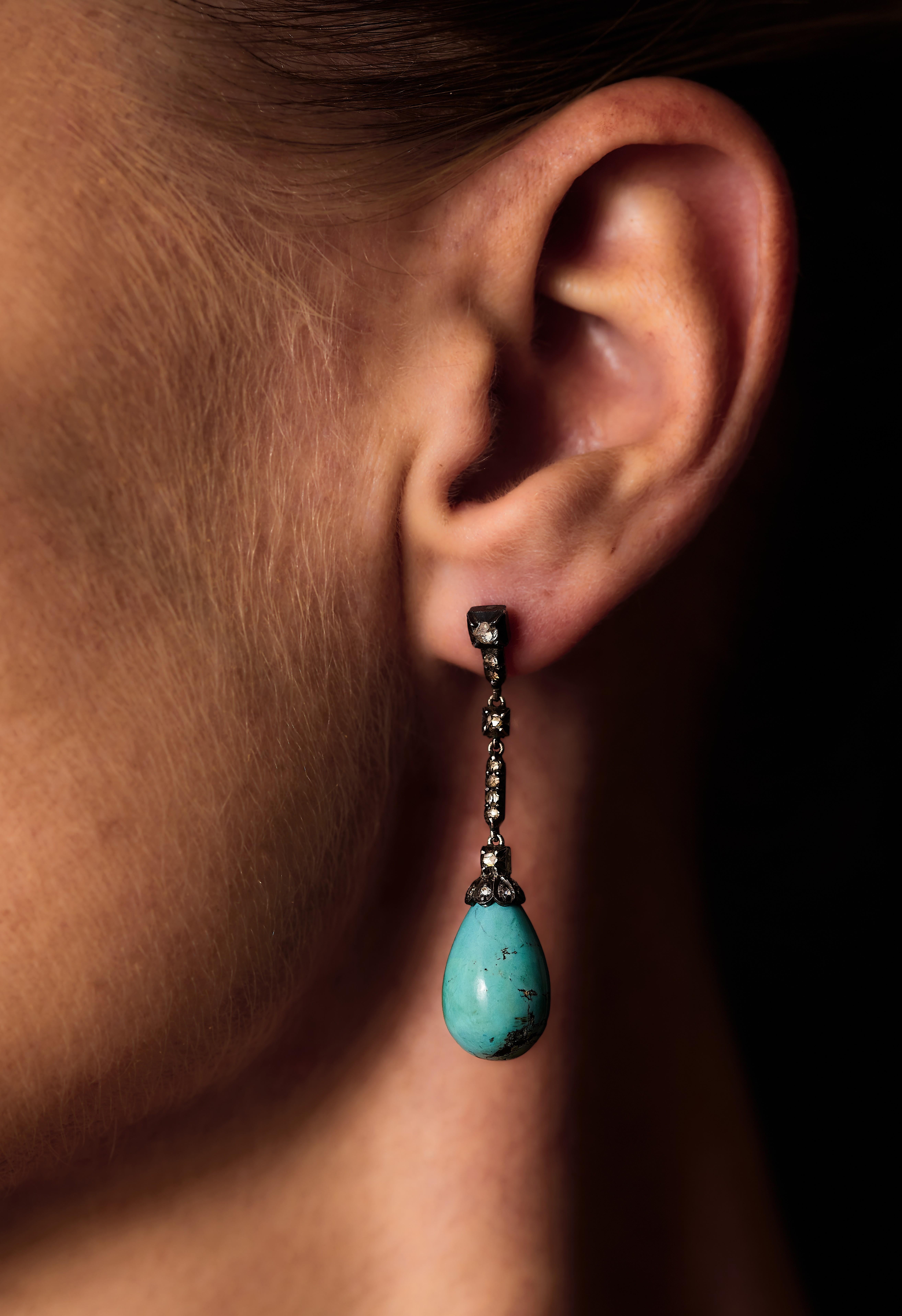 Antique turquoise drops and rose-cut diamond earrings, silver and 18K gold. For Sale 3