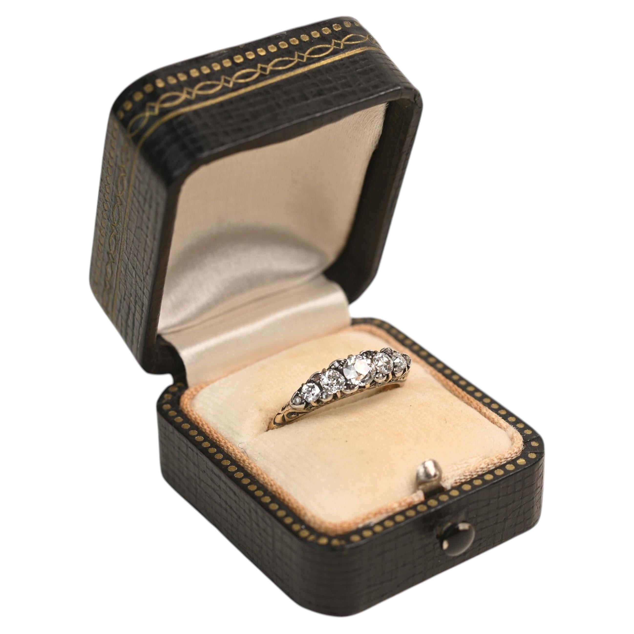 Antique Silver and 18k Gold Ring. Five Old European Cut Diamond Ring Circa 1907