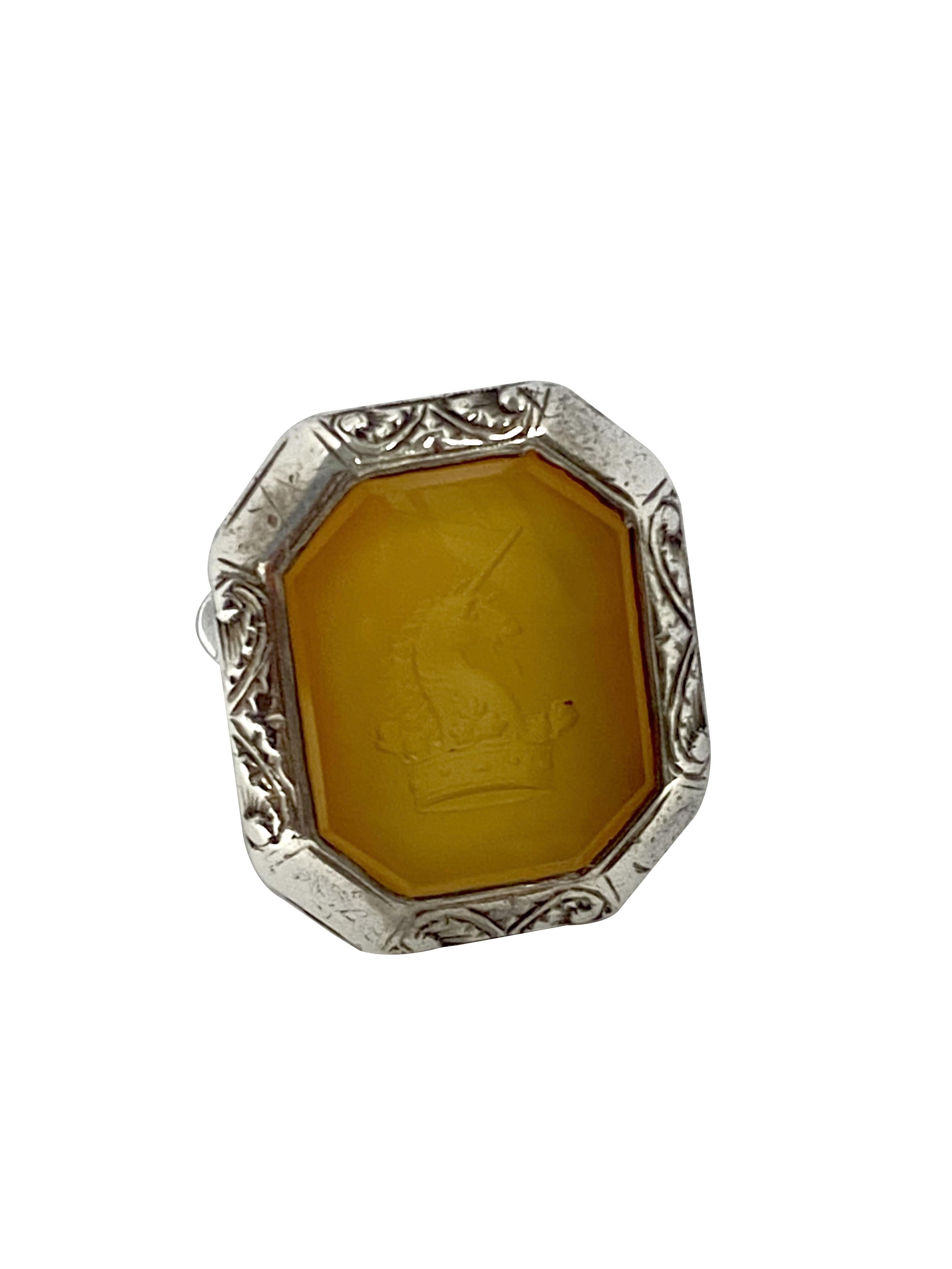  Bague de chevalière ancienne en argent et agate sculptée en creux Unisexe 