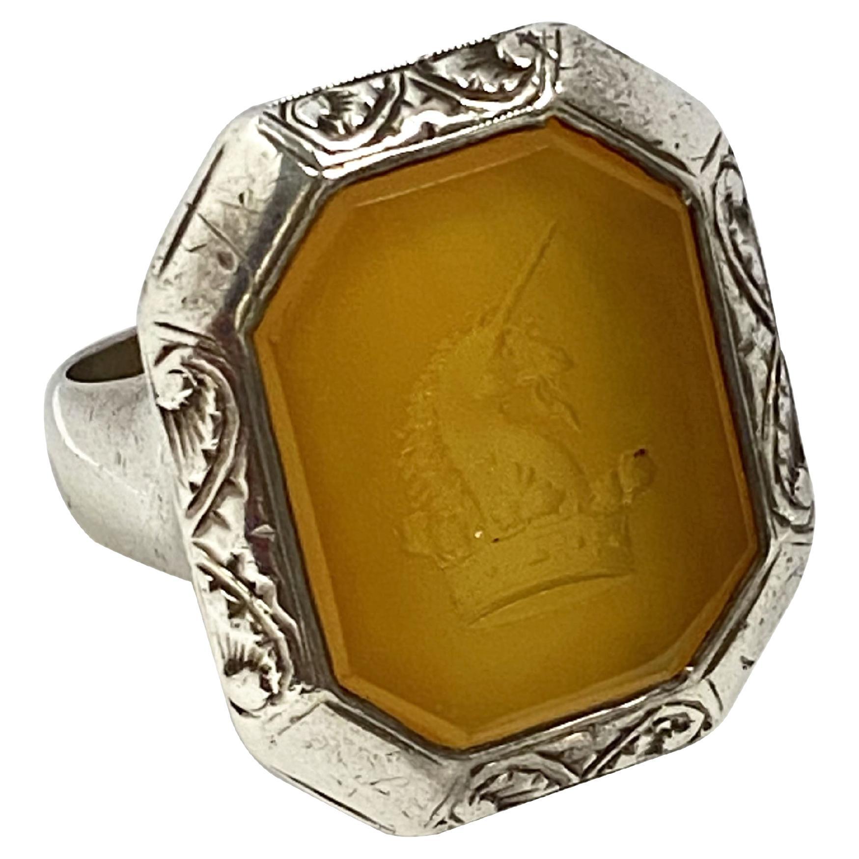 Antique Silver and Agate Carved Intaglio Signet Ring