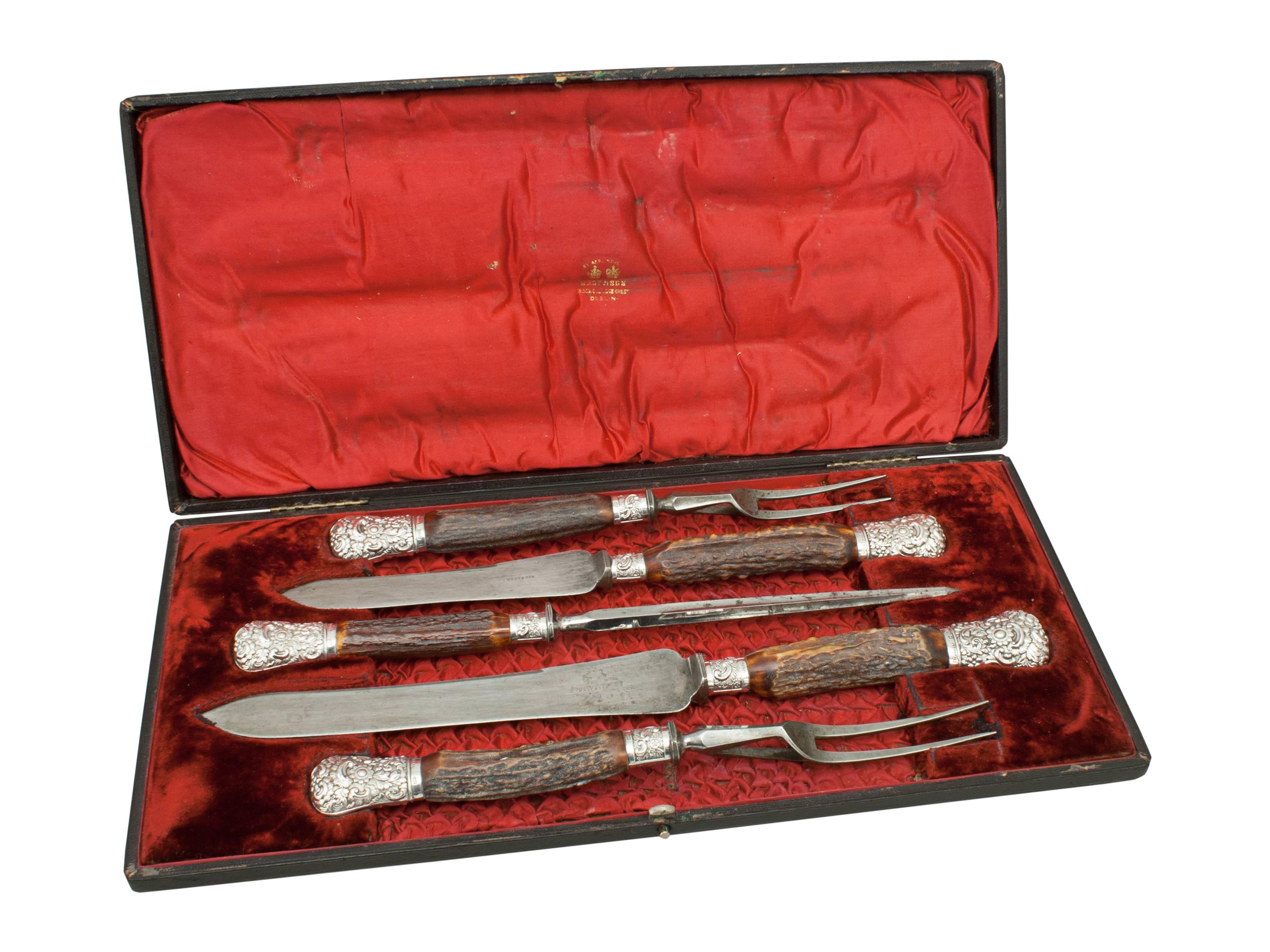 Antique Silver and Antler Carving Set with Antler Handles In Excellent Condition In Oxfordshire, GB
