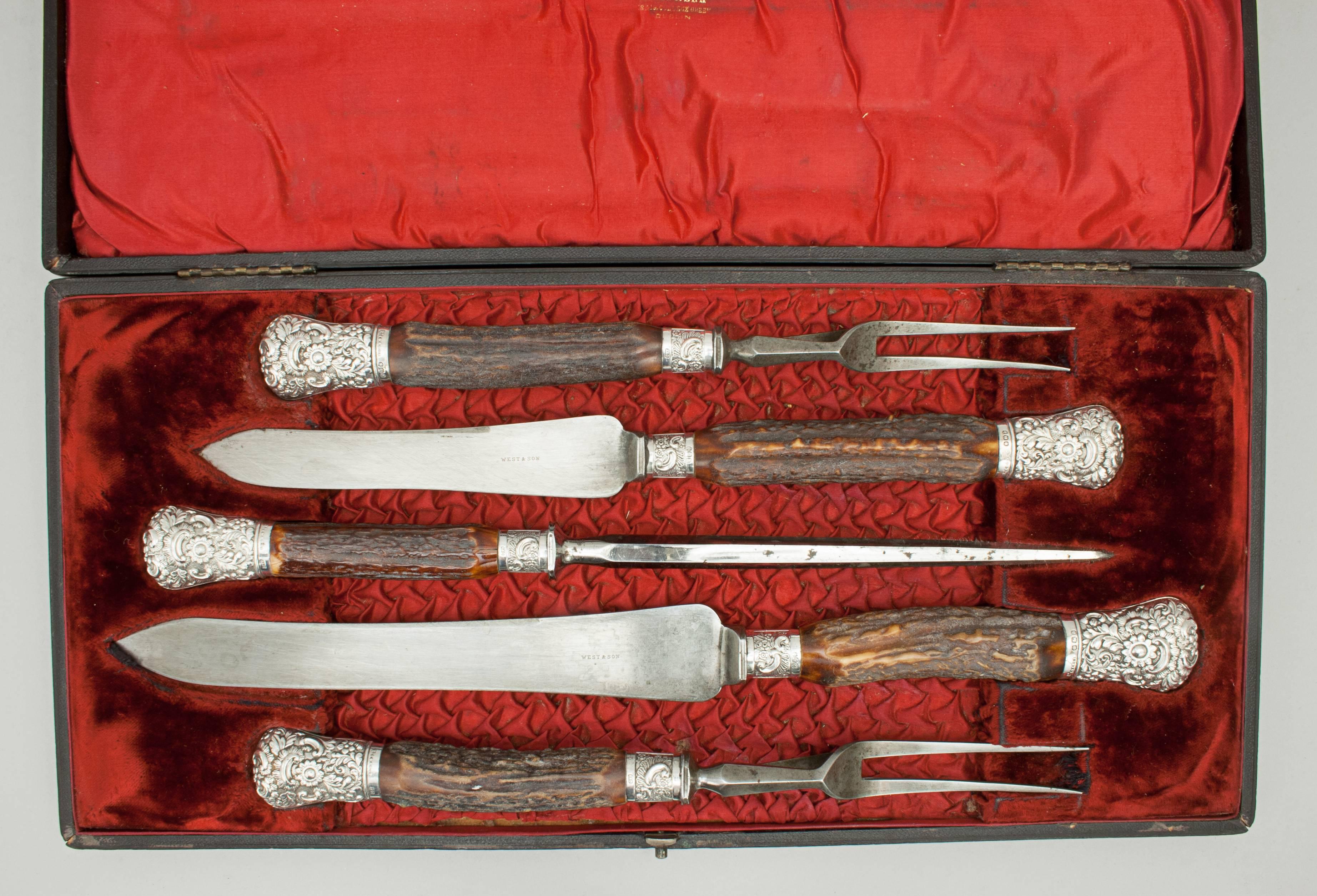 Late 19th Century Antique Silver and Antler Carving Set with Antler Handles