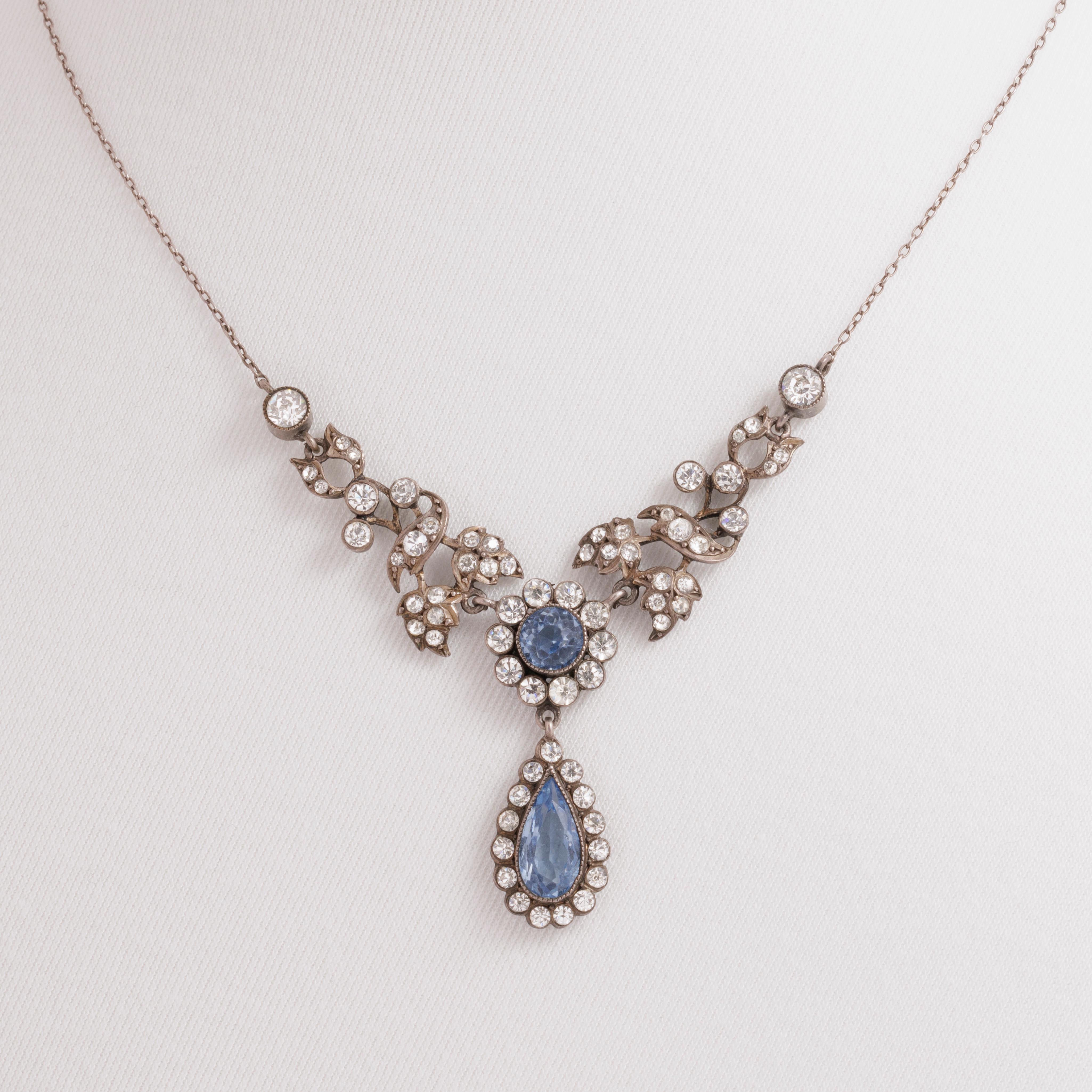 Antique Silver and Blue and Clear Paste Festoon Necklace
c.1920s

L 41.2 cm
H 6.185 cm
W 5.741 cm
11.5 grams