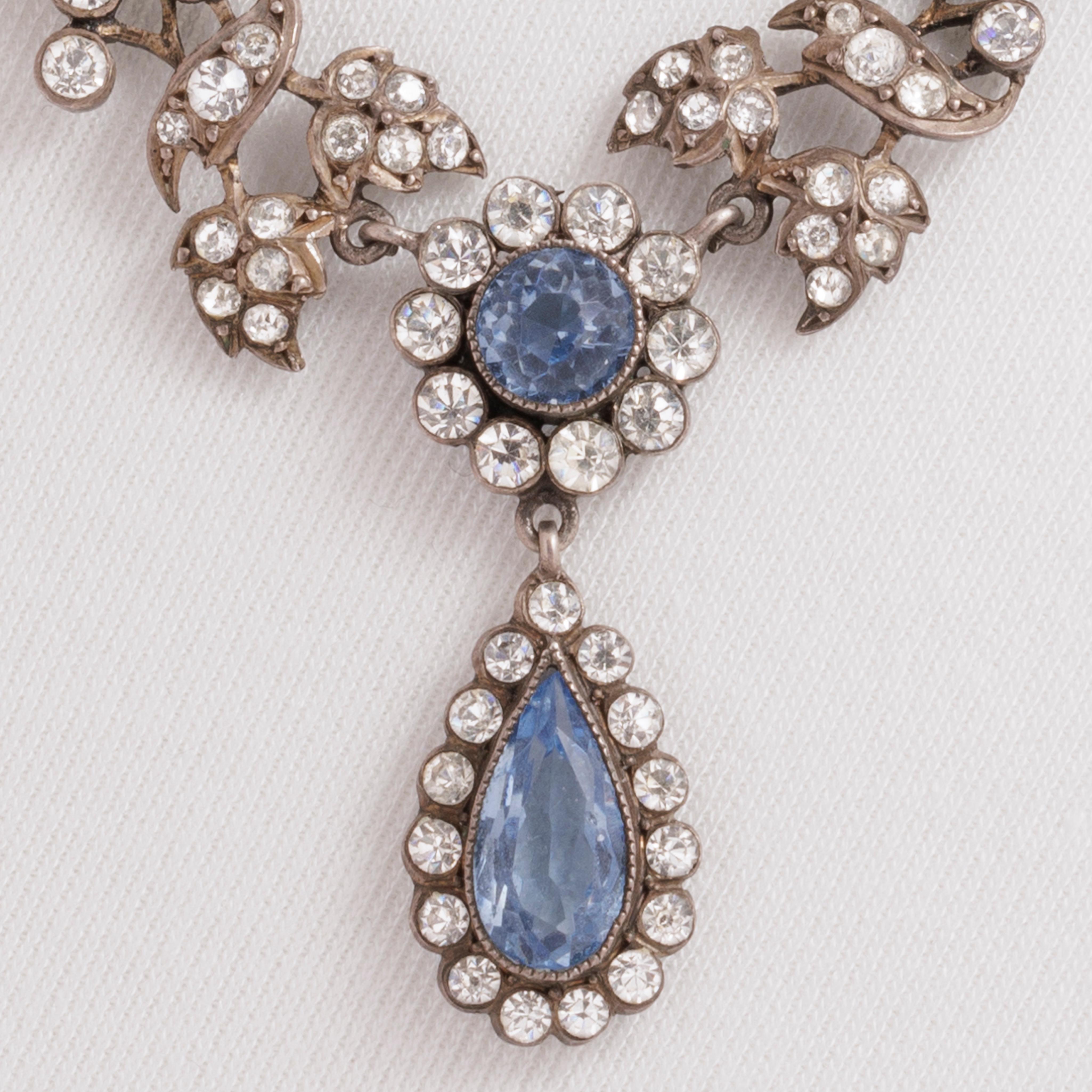 Art Deco Antique Silver and Blue and Clear Paste Festoon Necklace For Sale