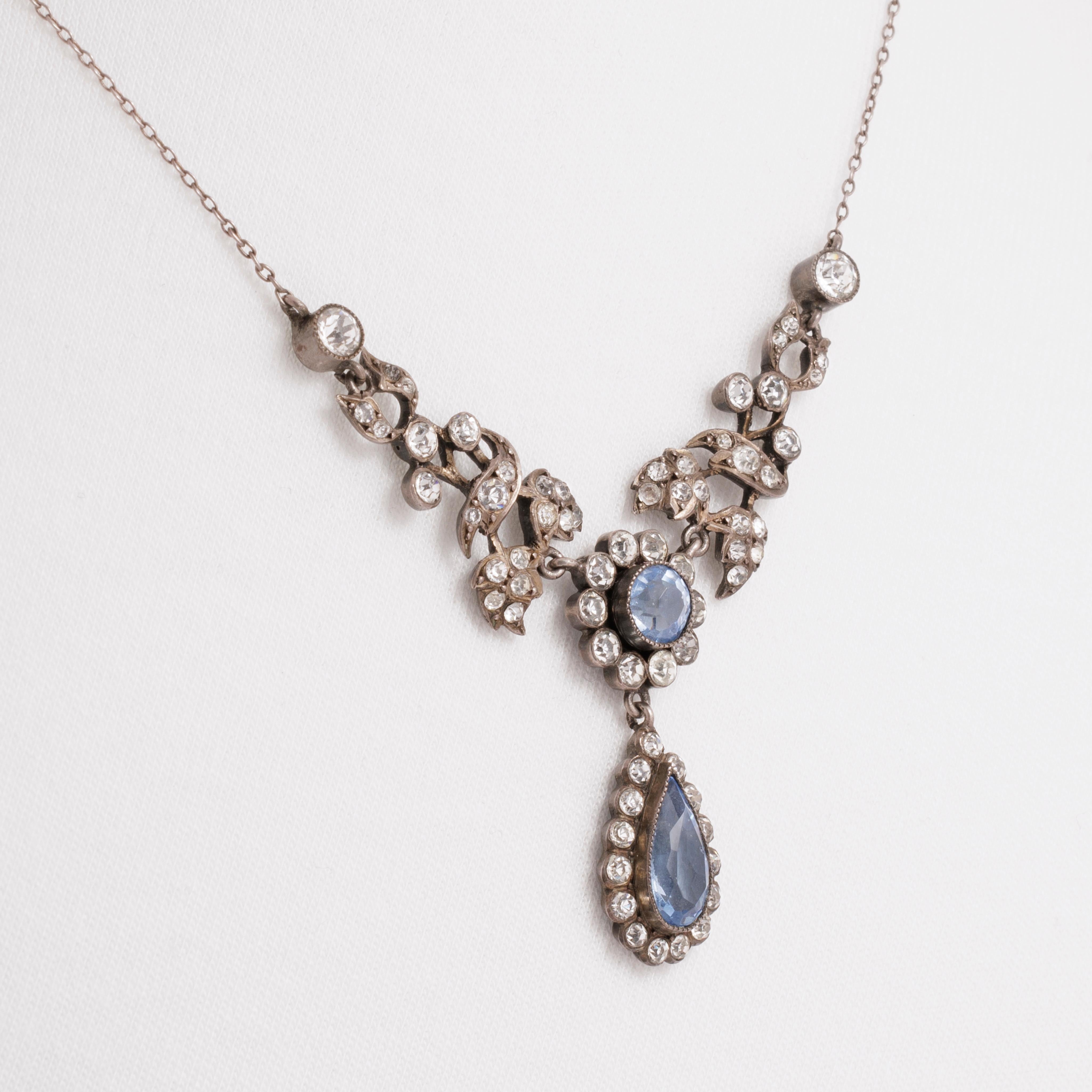 Antique Silver and Blue and Clear Paste Festoon Necklace In Good Condition For Sale In New York, NY