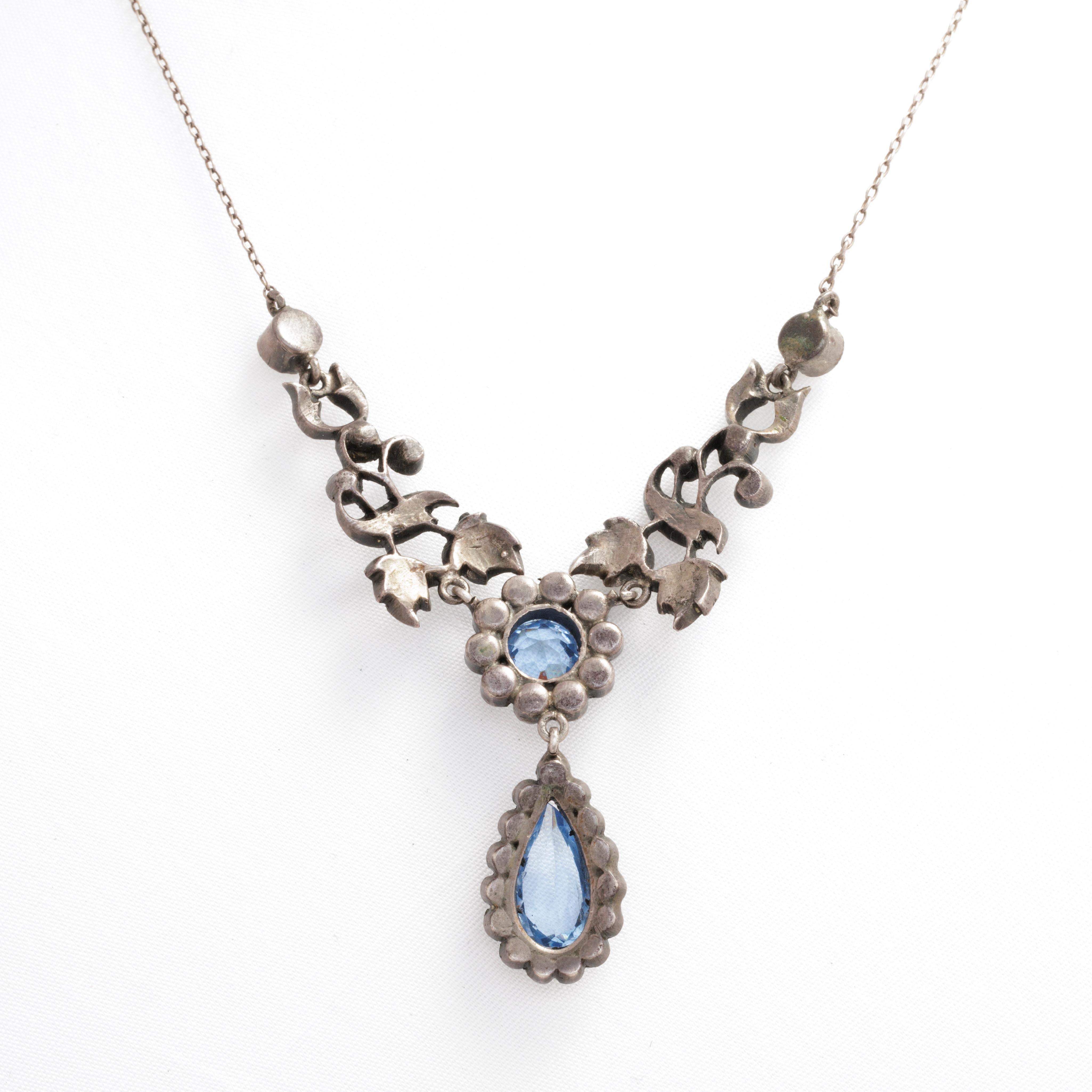 Antique Silver and Blue and Clear Paste Festoon Necklace For Sale 1