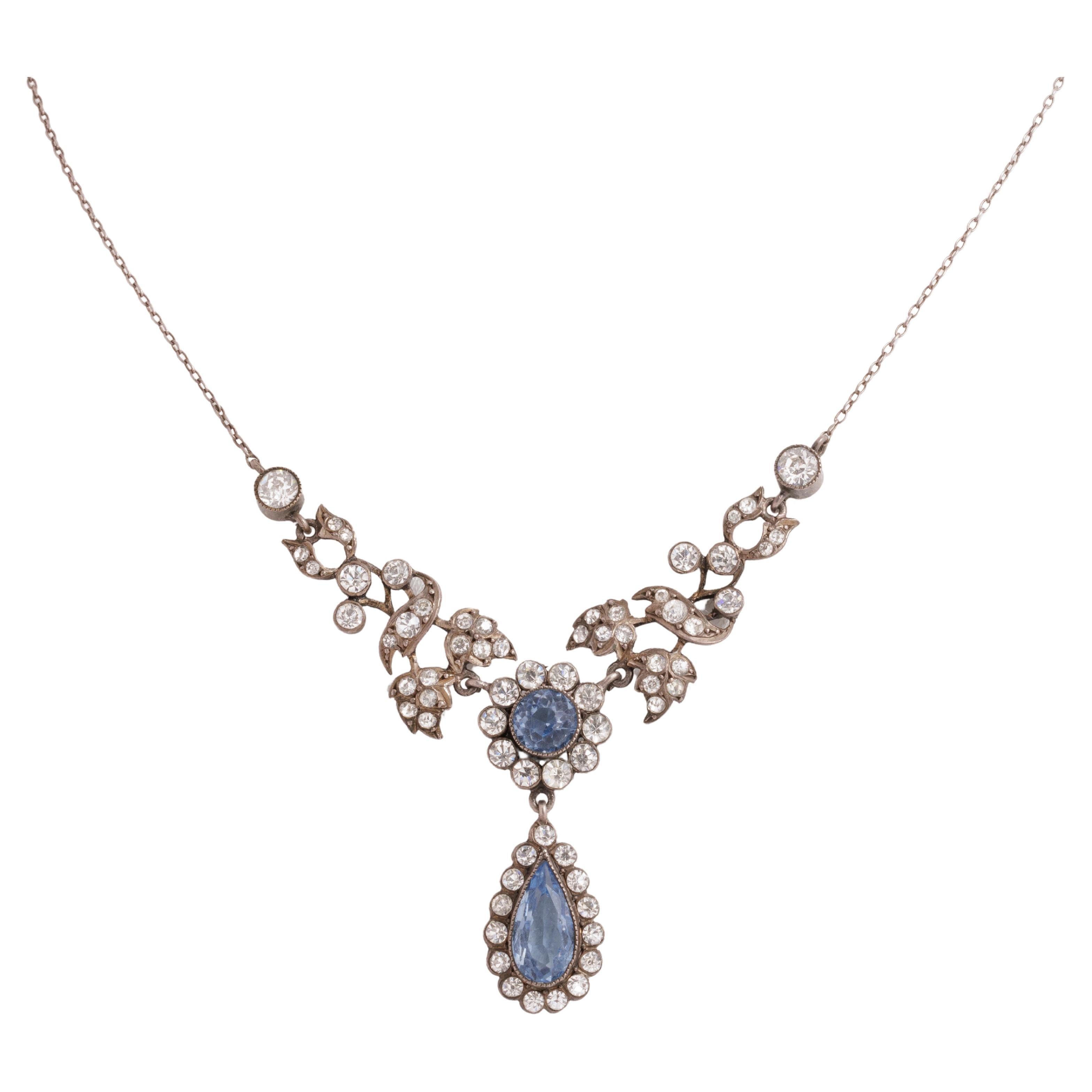 Antique Silver and Blue and Clear Paste Festoon Necklace For Sale