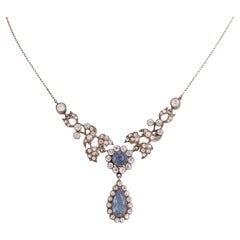 Collier feston ancien en argent et pâte bleue et transparente