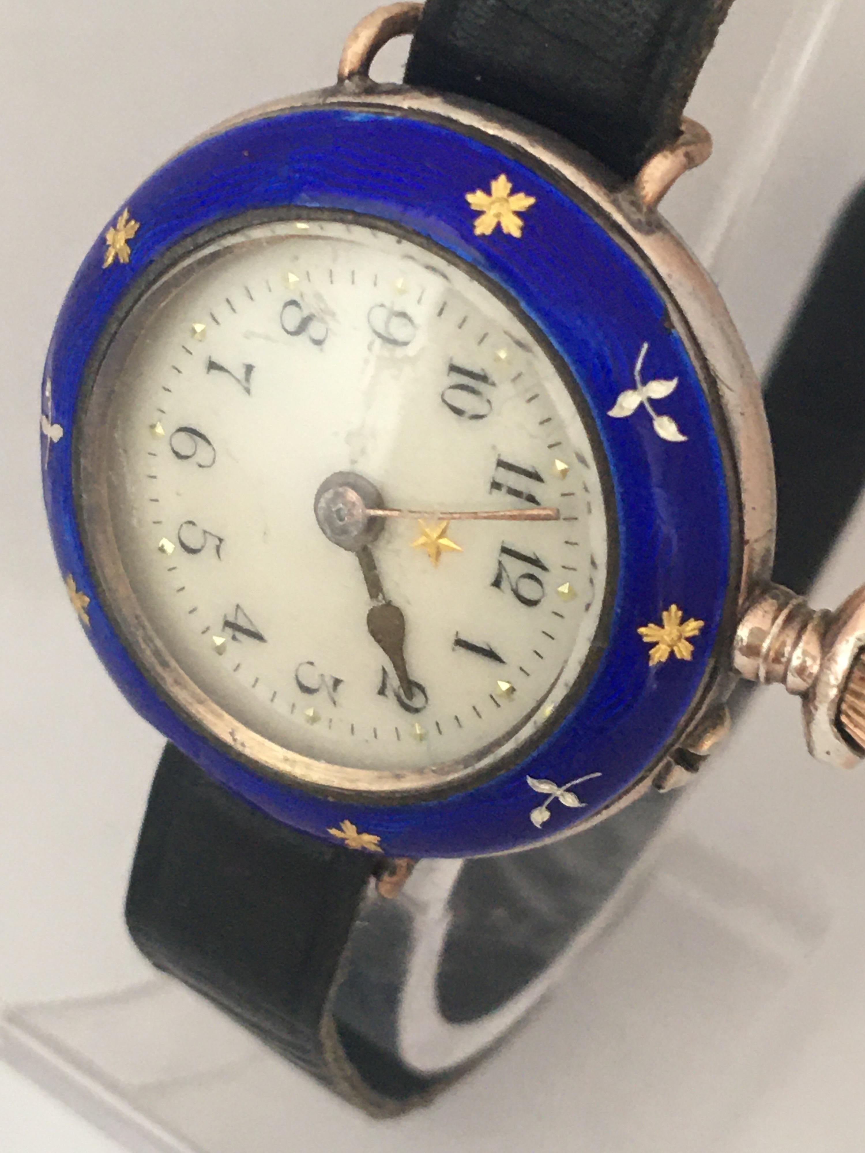 Antique Silver and Blue Enamel Hand Winding Ladies Fob / Trench Watch For Sale 7