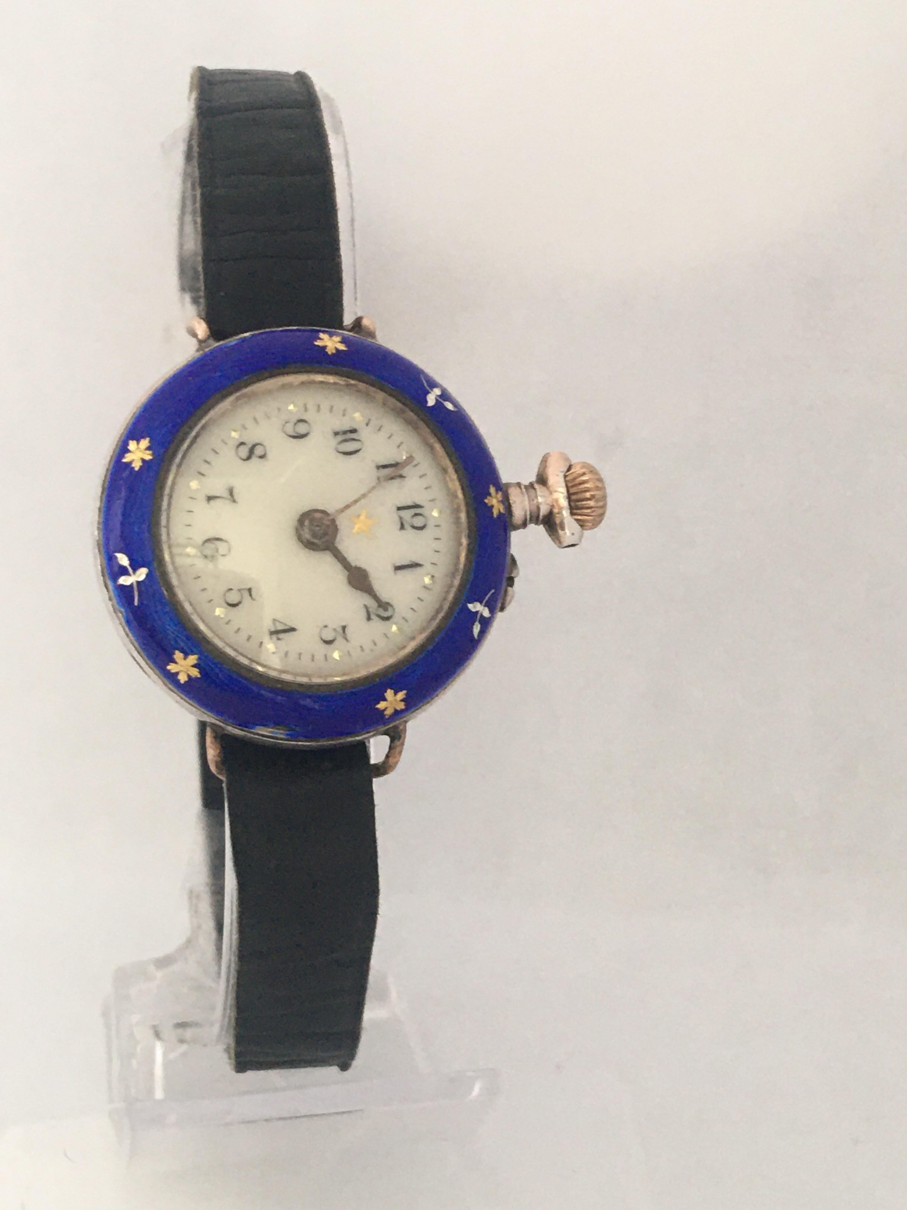 Antique Silver and Blue Enamel Hand Winding Ladies Fob / Trench Watch For Sale 8