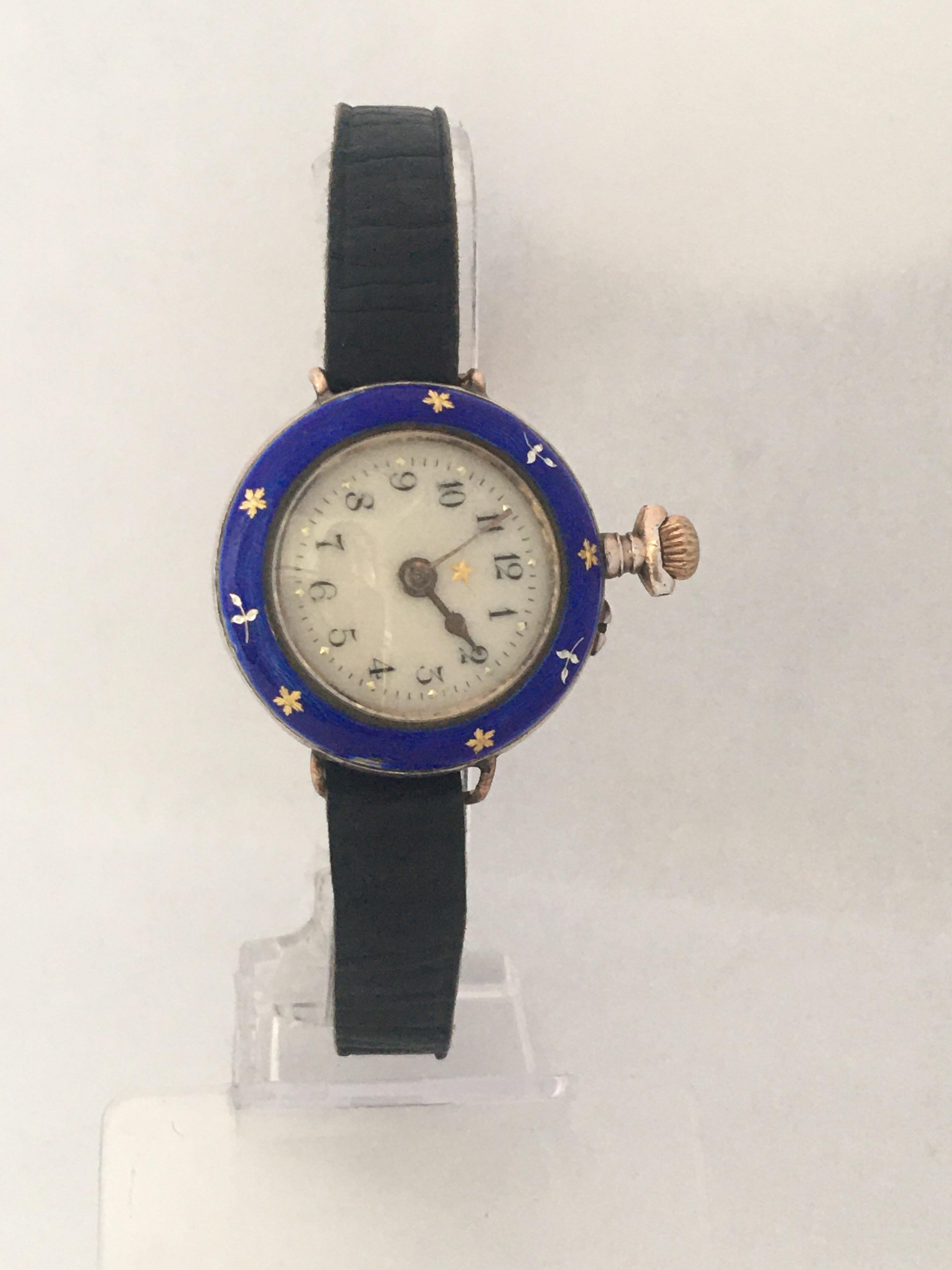 This beautiful antique hand winding trench watch is in good working condition and it is recently been serviced. Visible signs of ageing and wear with light and small scratches on the glass . There is a small chipped on the enamel case as shown.