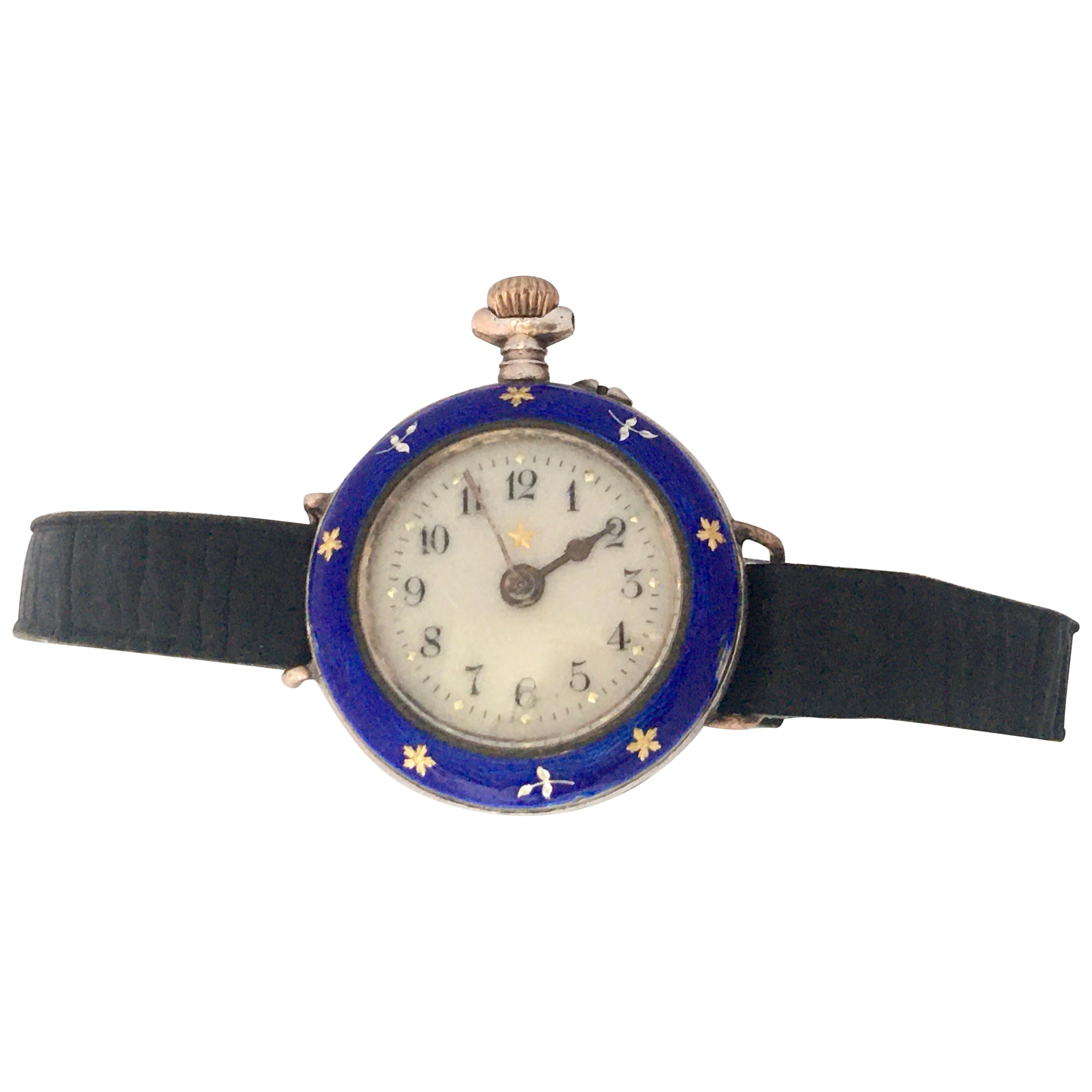Antique Silver and Blue Enamel Hand Winding Ladies Fob / Trench Watch For Sale