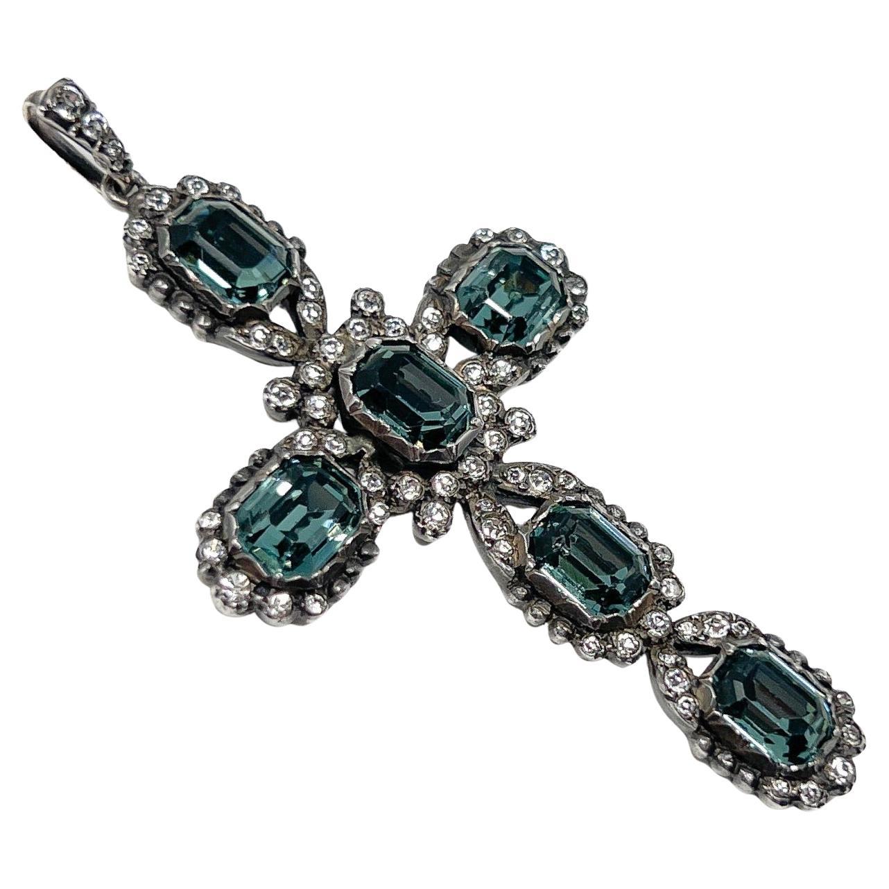 Antique Silver and Blue Paste Cross Pendant