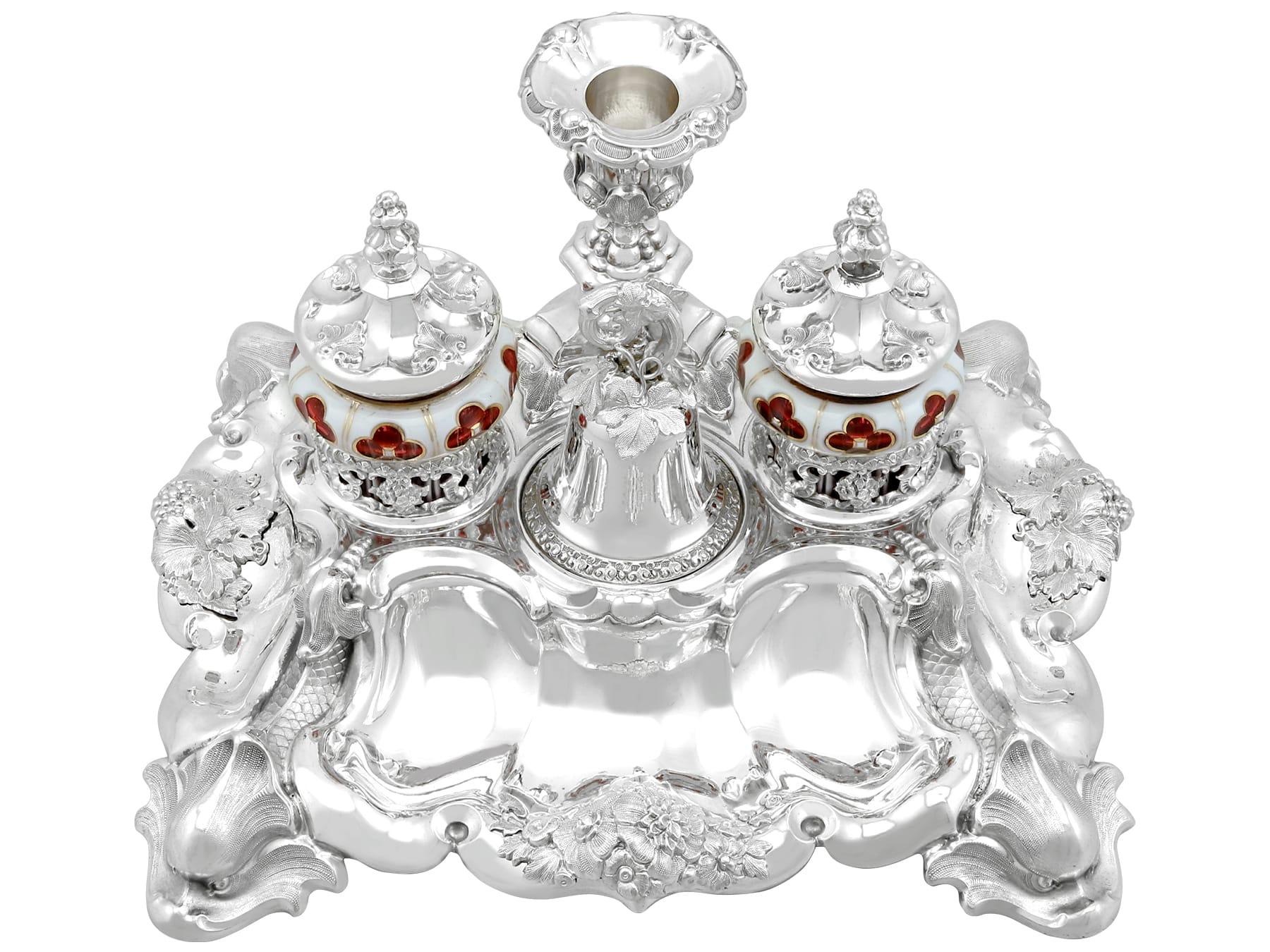 An exceptional, fine and impressive, rare antique European 812 standard silver and Bohemian coloured glass desk standish; an addition to our ornamental silverware collection

This exceptional antique European silver desk standish has an shaped