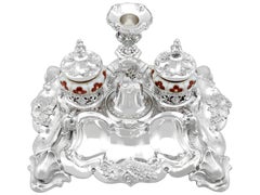 Antique Silver and Bohemian Coloured Glass Desk Standish