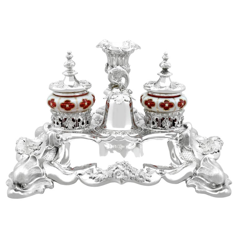 Antique Silver and Bohemian Coloured Glass Desk Standish For Sale at