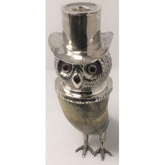 Antique Silver and Bovine Horn Figural Owl Candlesticks, circa 1900-1920