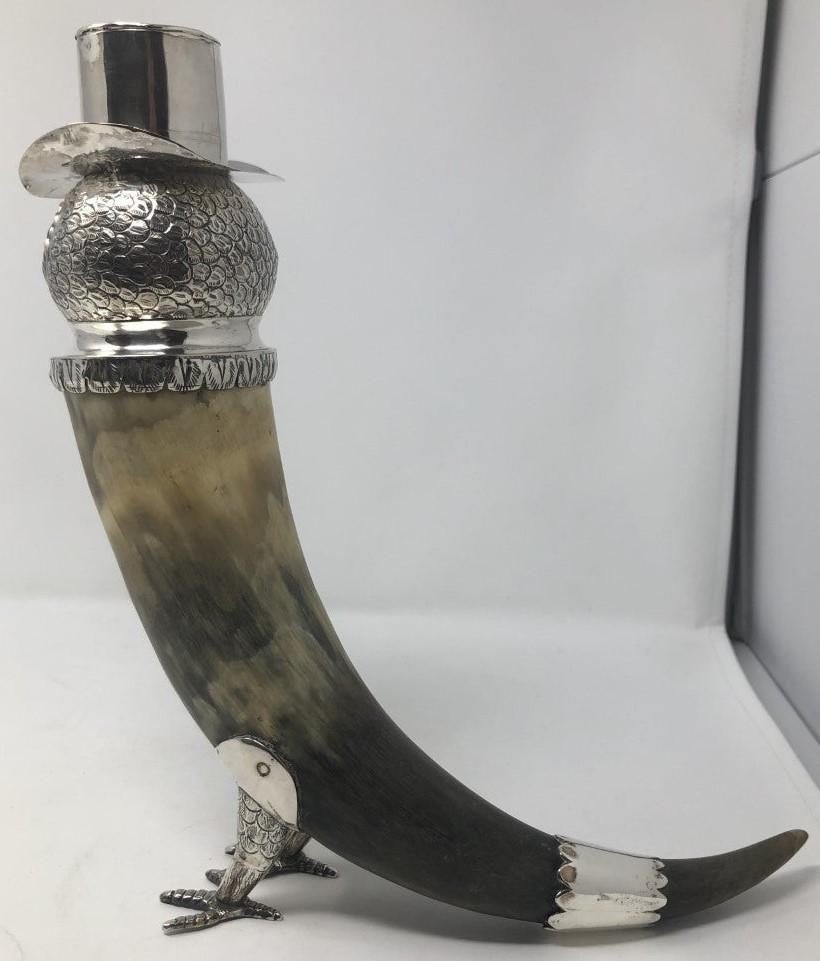 Unknown Antique Silver and Bovine Horn Figural Owl Candlesticks, circa 1900-1920