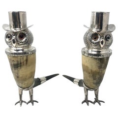 Antique Silver and Bovine Horn Figural Owl Candlesticks, circa 1900-1920