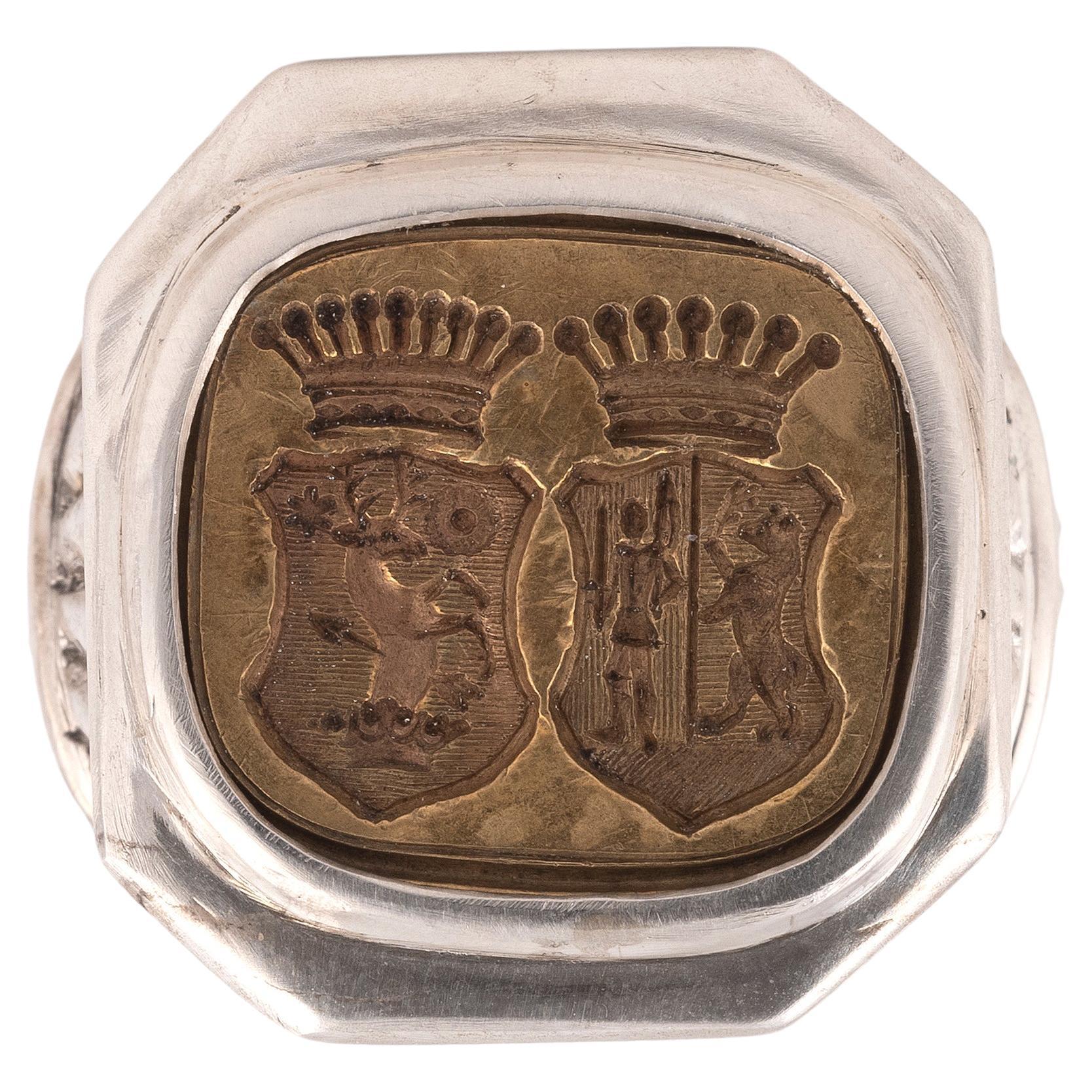 Women's or Men's Antique Silver and Bronze Signet Men's Ring For Sale