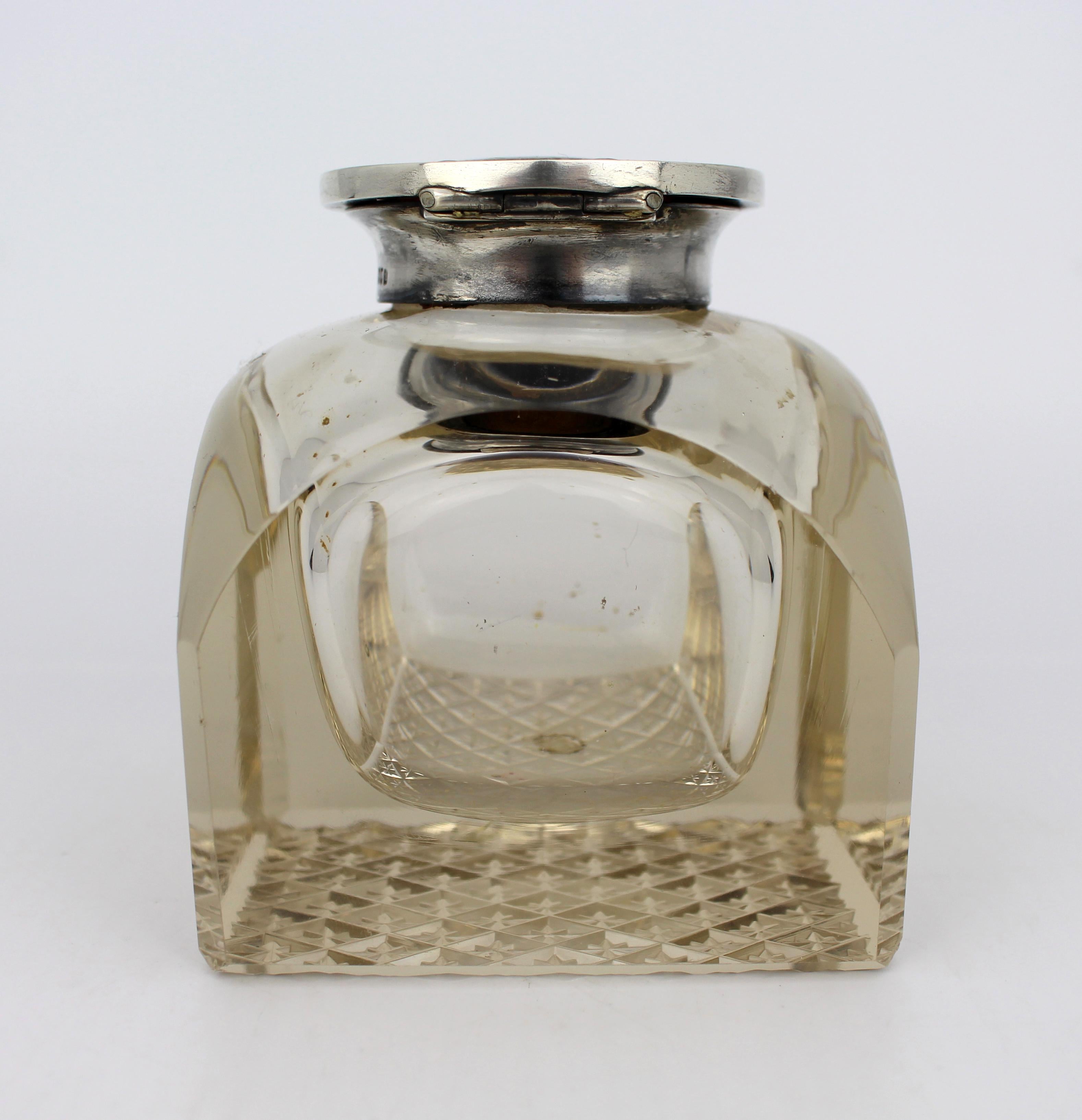 Argent sterling Encrier ancien en argent et verre taillé, Londres 1916 en vente