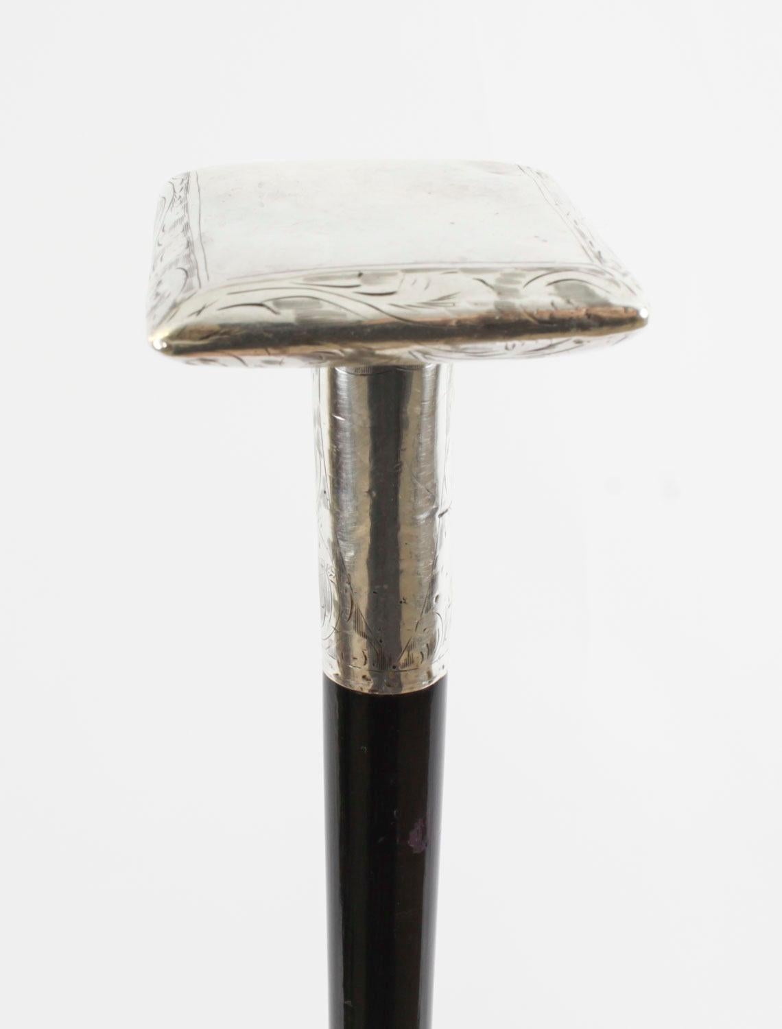 Antique Silver and Ebonized Walking Stick Cane Late 19th Century For Sale 1