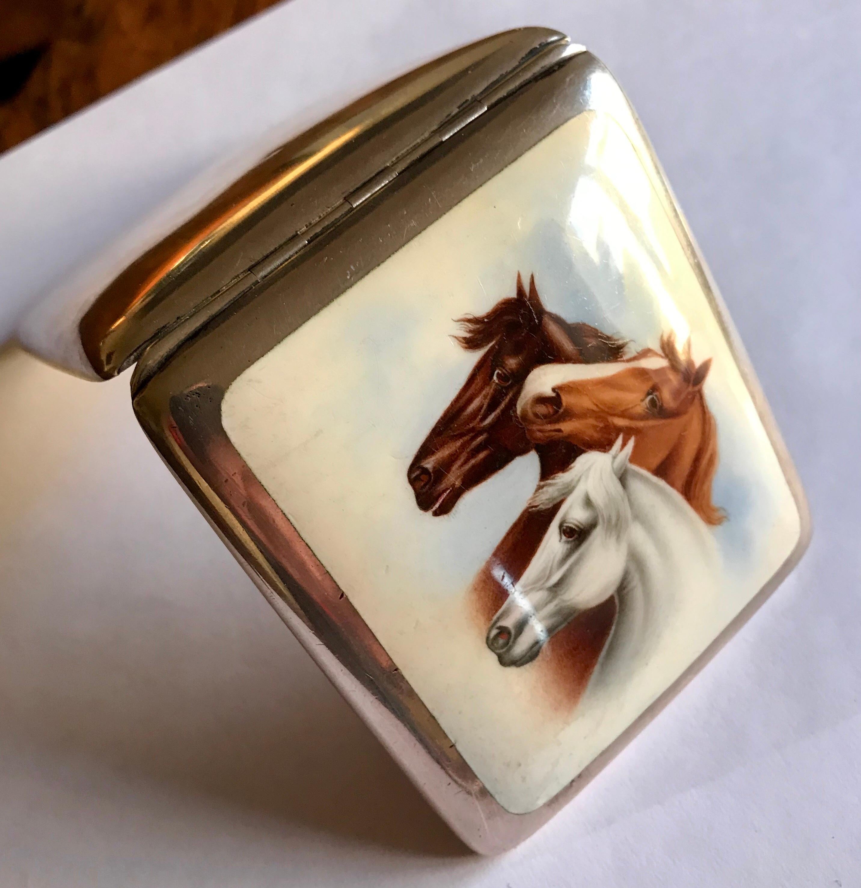 Enameled Antique Silver and Enamel Horses Cigarette Case