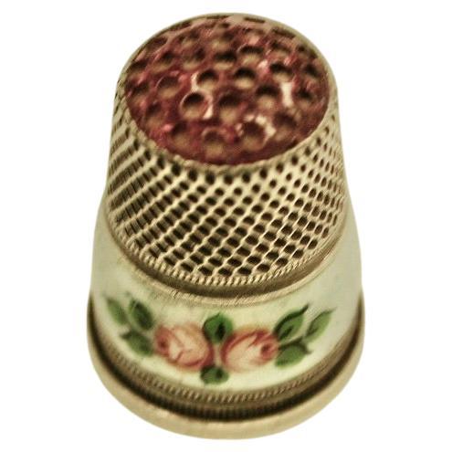 Antique Silver and Enamel Thimble with Dimpled Ruby Glass Top Circa 1920 For Sale