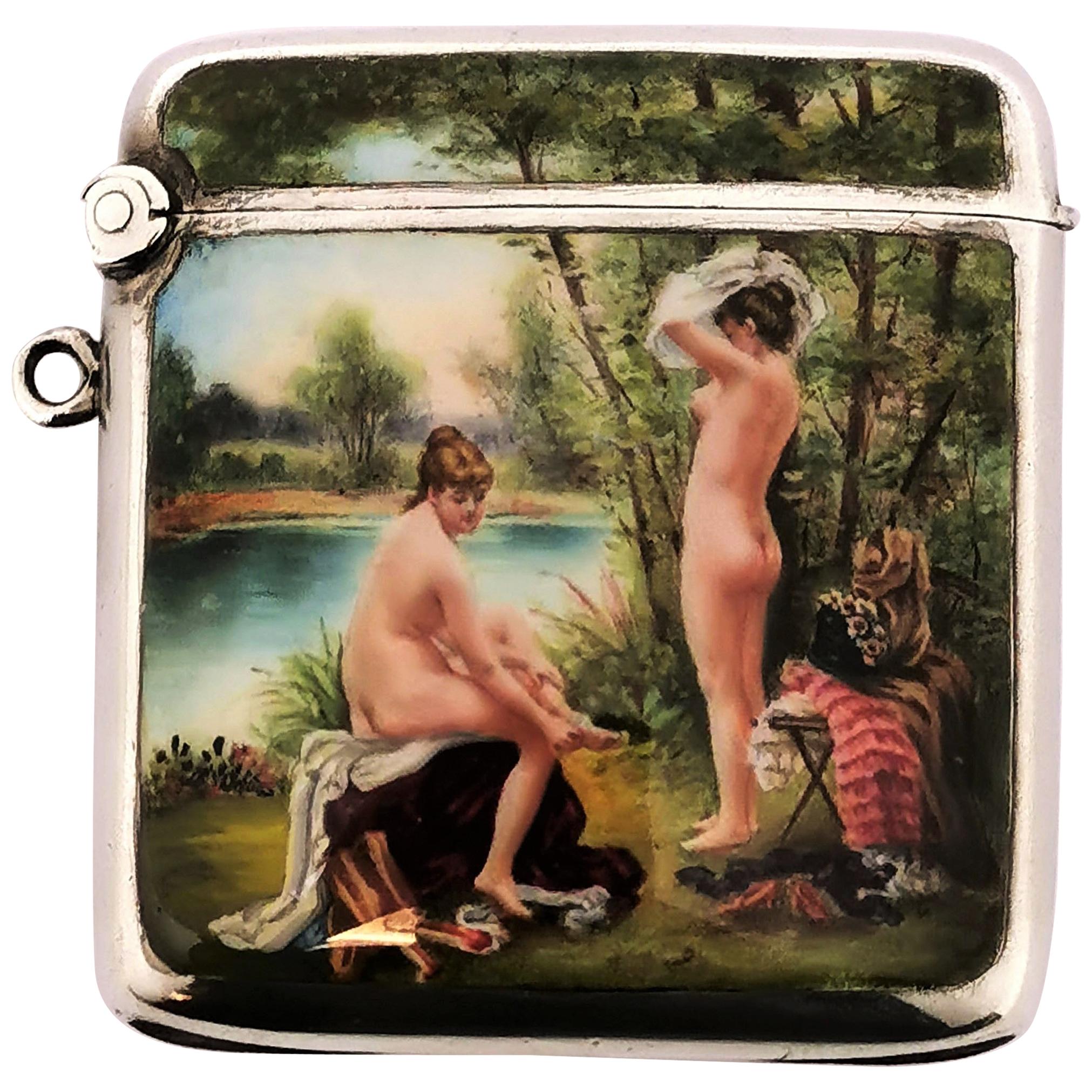 Antique Silver and Enamel Vesta Case / Match Holder 1902 Import Mark Erotic/Nude