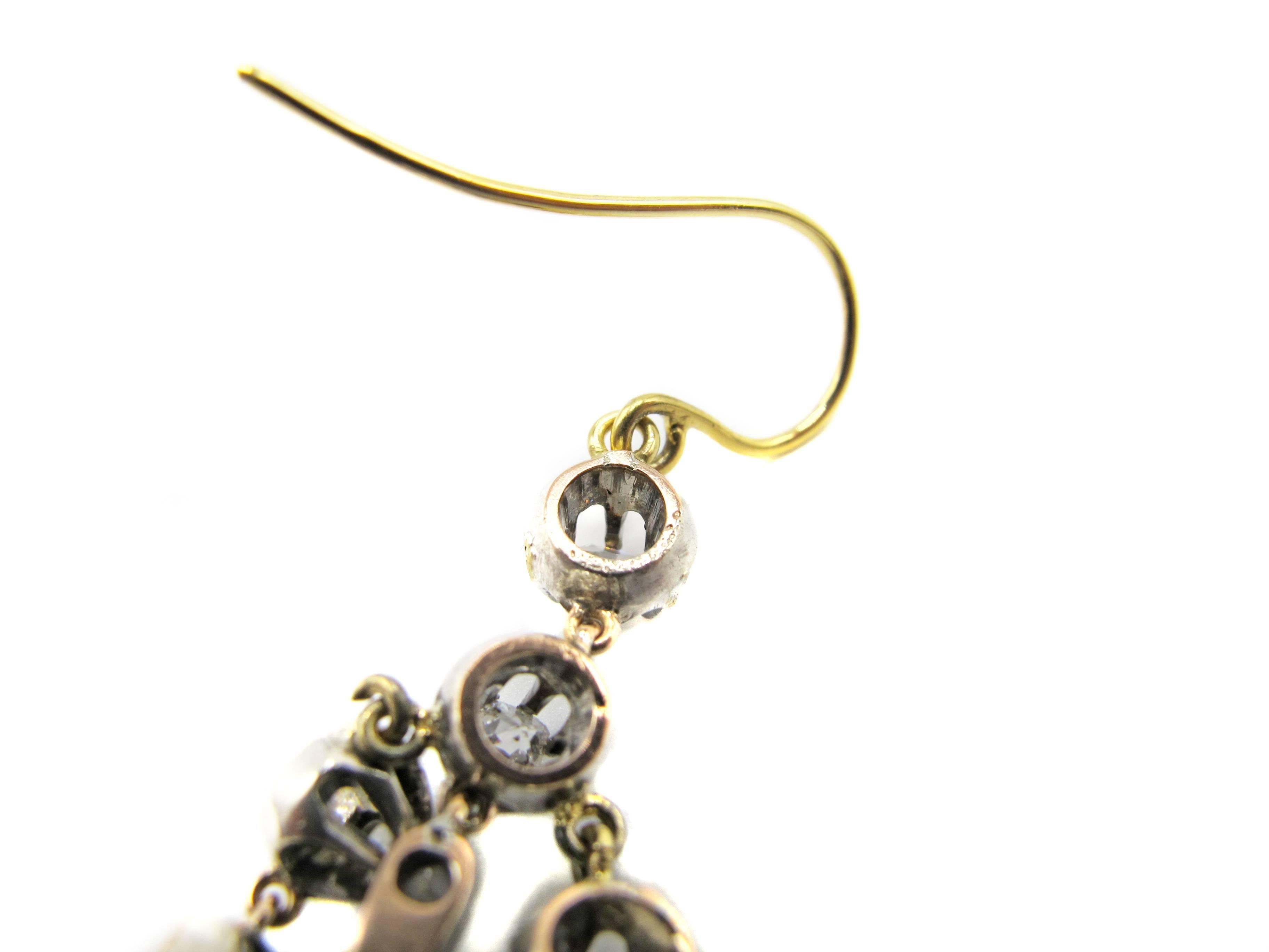 Rose Cut Antique Silver and Gold Ear Pendants