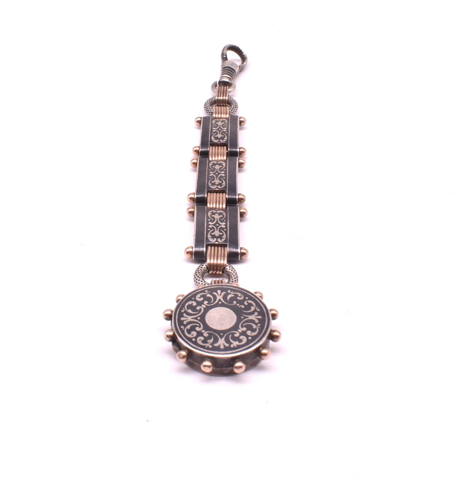 Victorian Antique Silver and Gold Niello Fob Pendant Linked with Locket, circa 1890