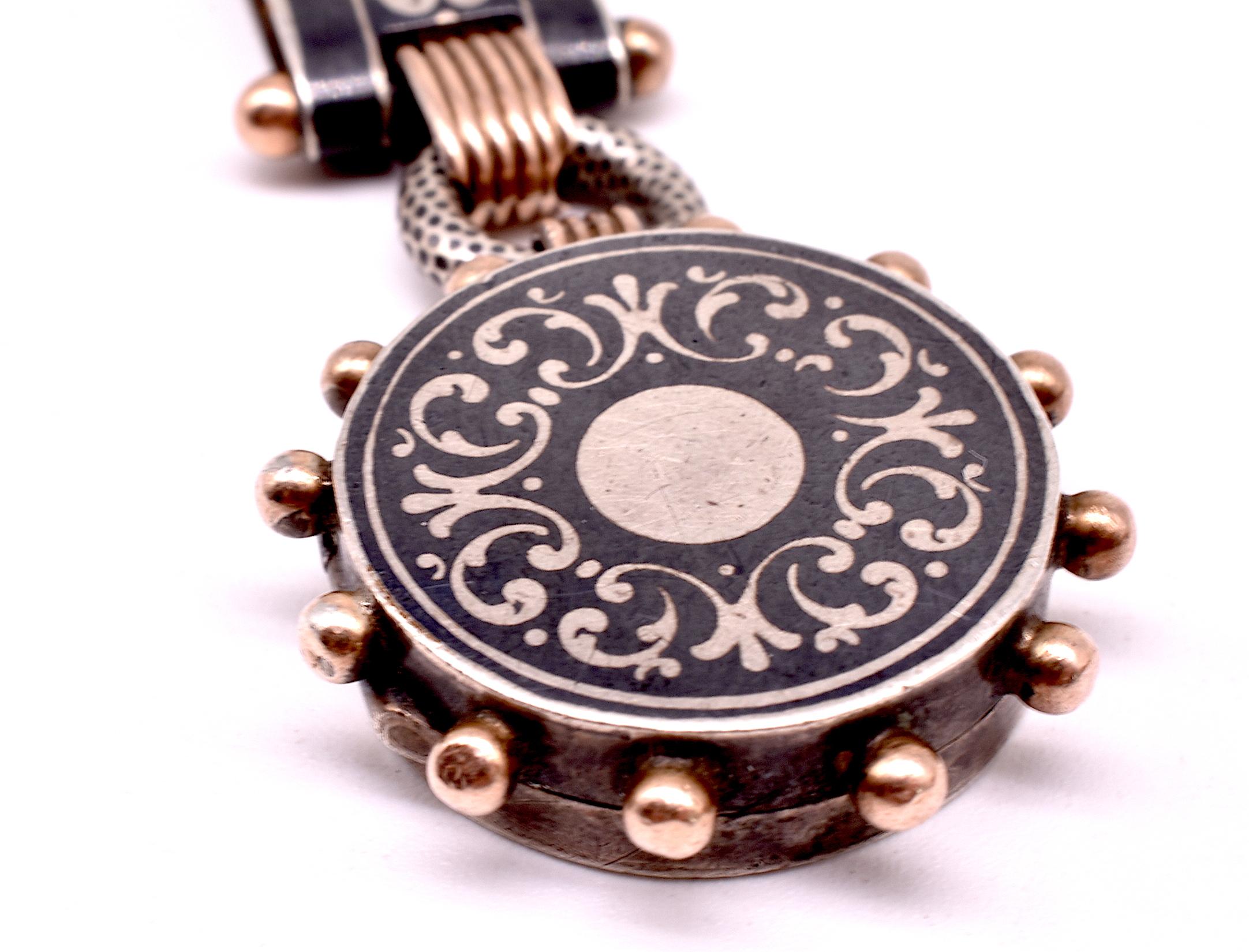 Antique Silver and Gold Niello Fob Pendant Linked with Locket, circa 1890 In Excellent Condition In Baltimore, MD