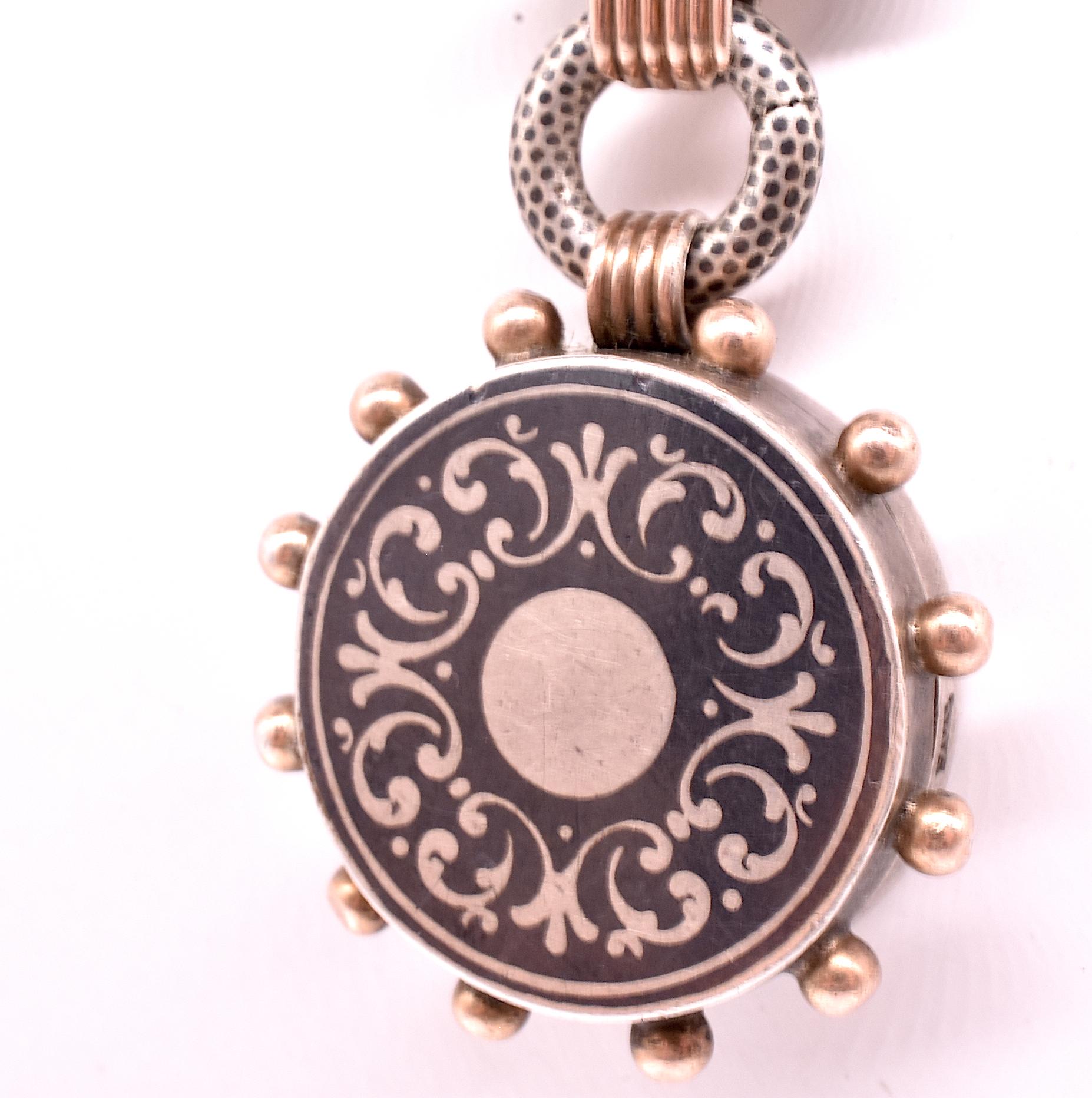 Antique Silver and Gold Niello Fob Pendant Linked with Locket, circa 1890 1