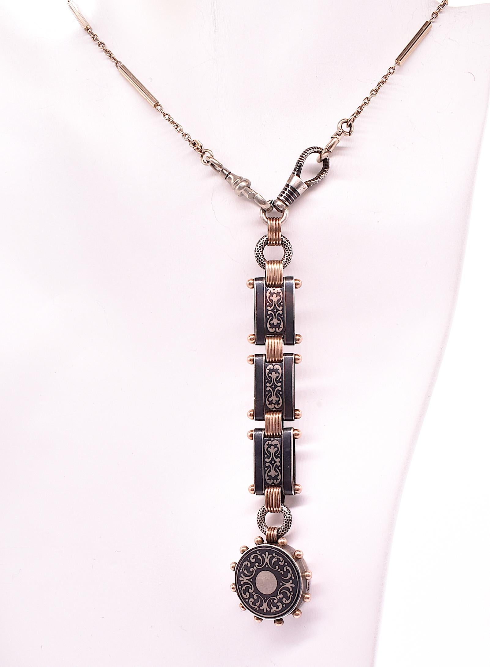 Antique Silver and Gold Niello Fob Pendant Linked with Locket, circa 1890 2