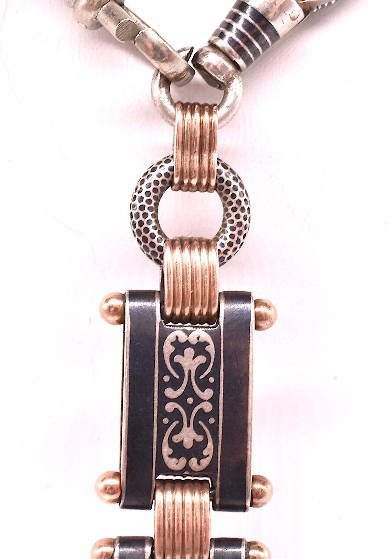 Antique Silver and Gold Niello Fob Pendant Linked with Locket, circa 1890 3