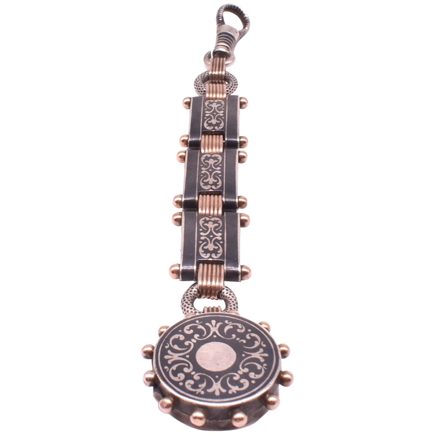 Antique Silver and Gold Niello Fob Pendant Linked with Locket, circa 1890