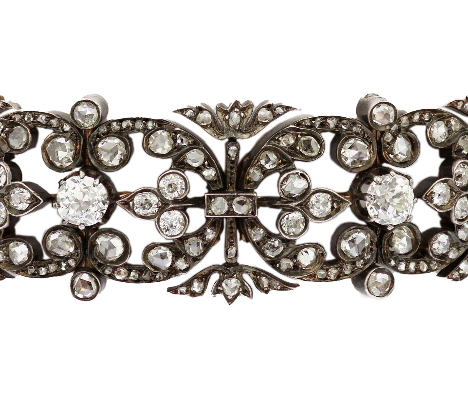Victorian Floral French Antique Bracelet with Old Cut Diamonds in Silver & Gold For Sale