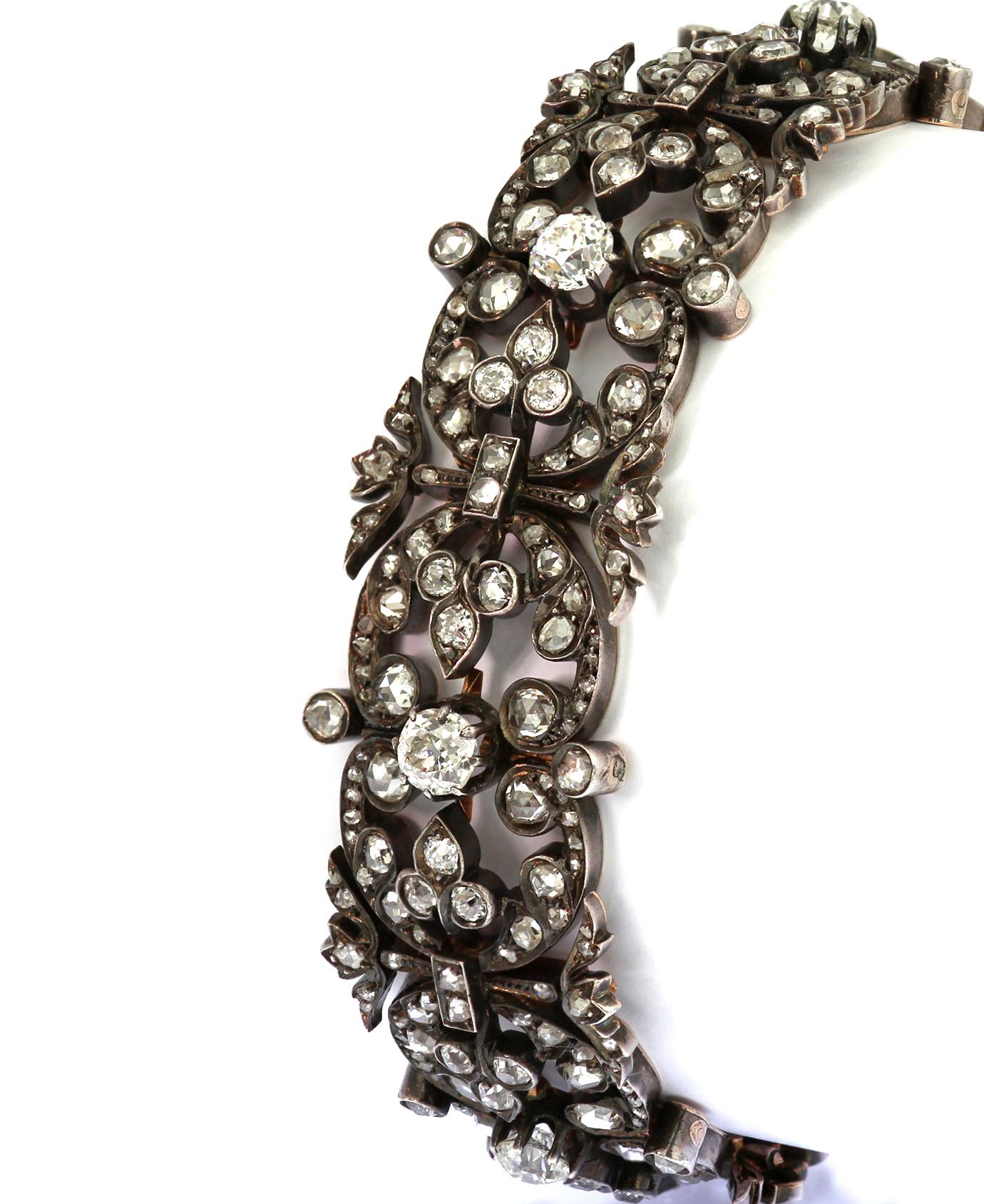 Floral French Antique Bracelet with Old Cut Diamonds in Silver & Gold In Excellent Condition For Sale In London, GB